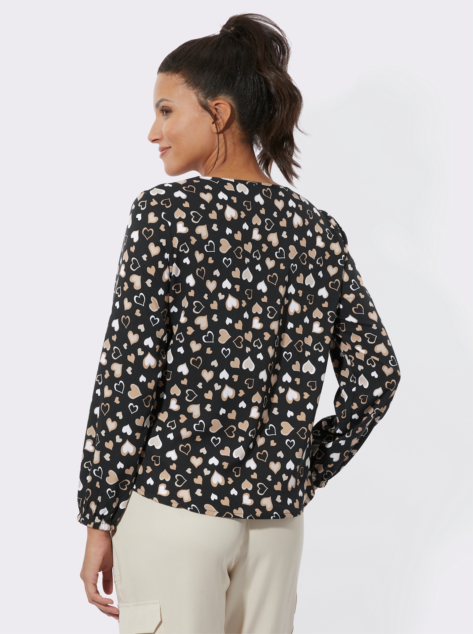 Schlupfbluse im Herz-Dessin - schwarz-camel-bedruckt