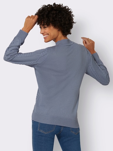 Stehkragenpullover mit Rauten- und Zopfmuster - taubenblau