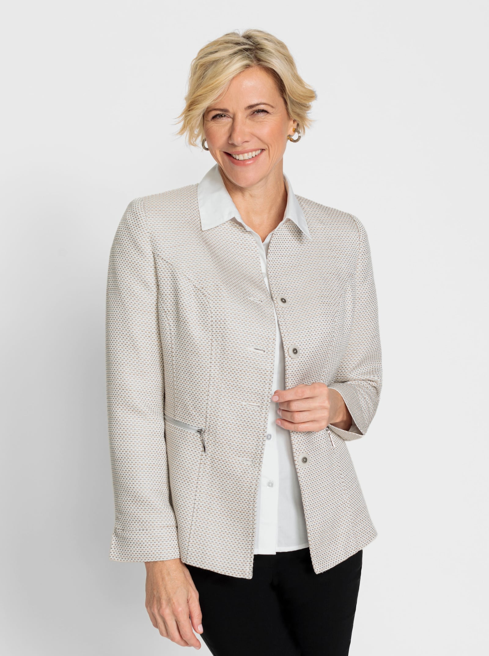 Bouclé-Blazer mit Reißverschluss-Taschen - ecru-sesam-gemustert