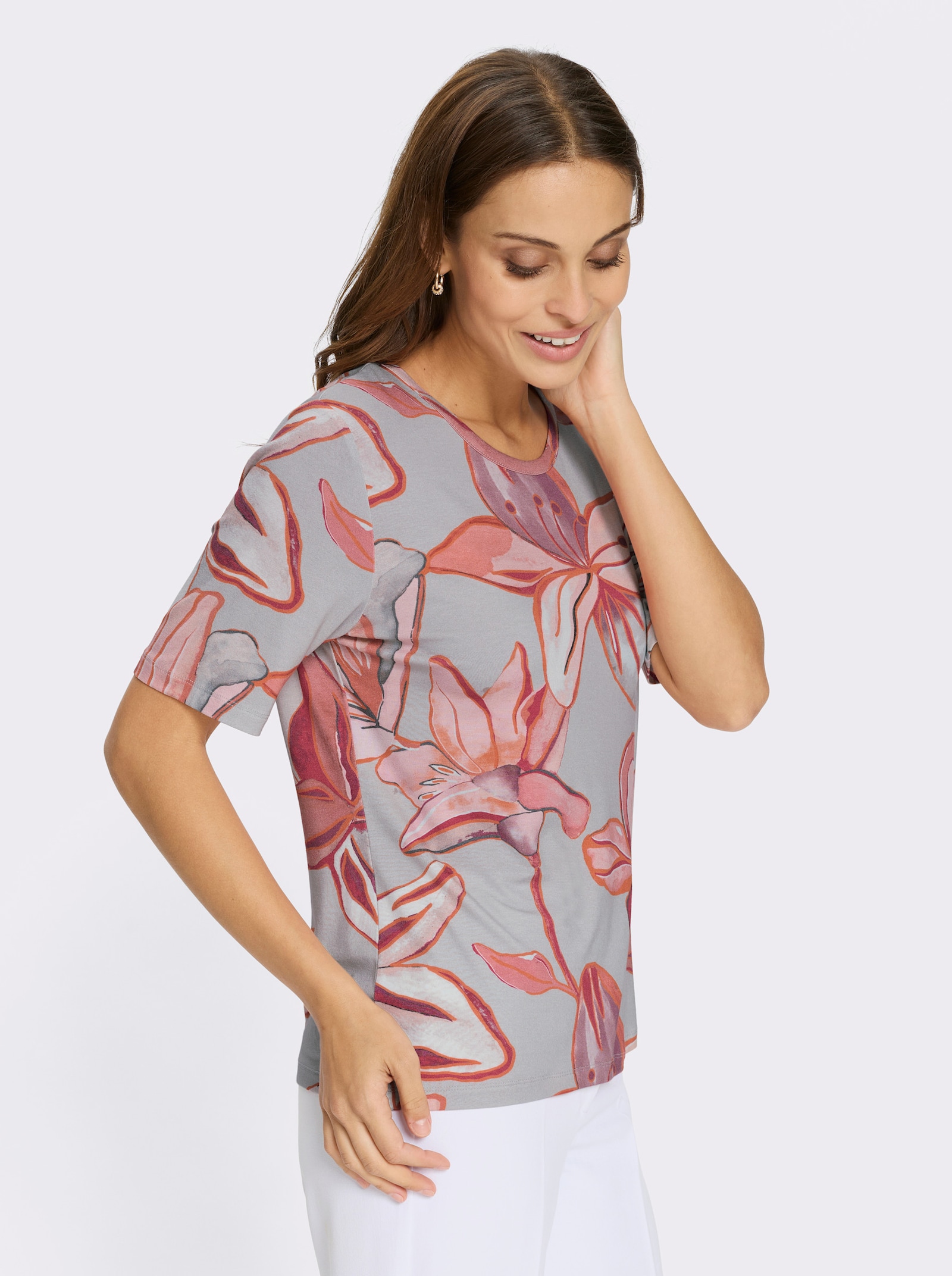 Print-Shirt mit farbbrillanten Blütendruck - hellgrau-koralle-bedruckt