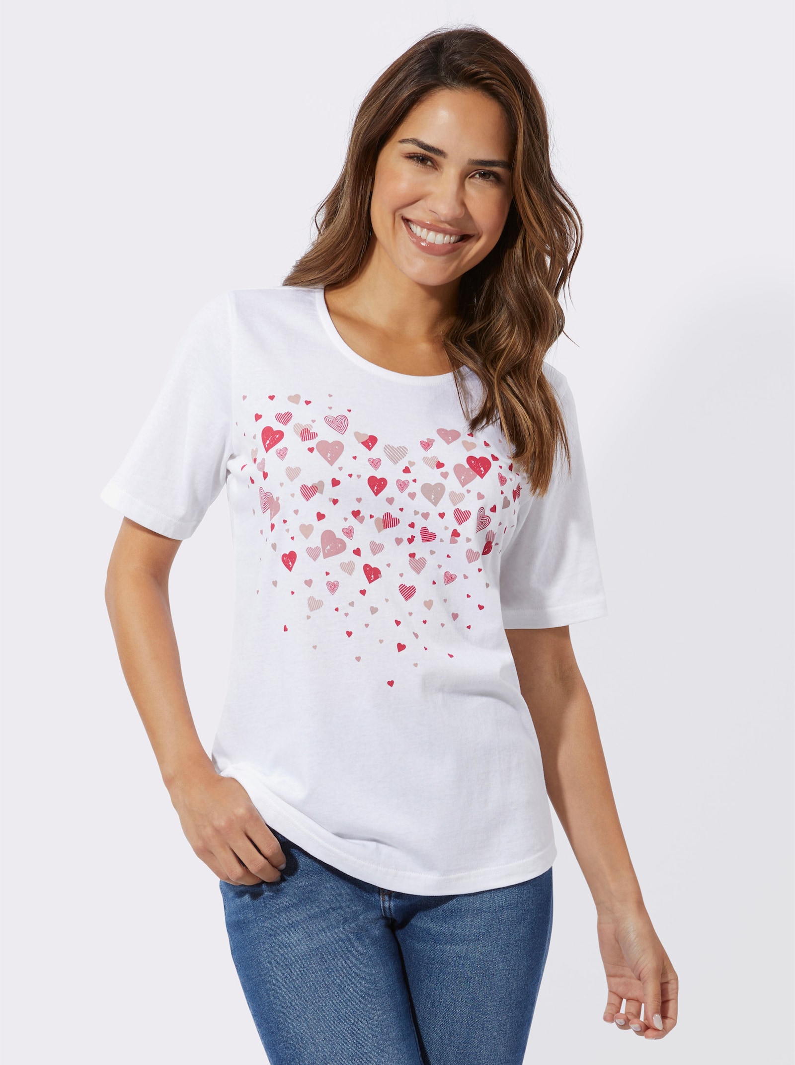 Kurzarmshirt mit Herz-Druck - weiss-pink