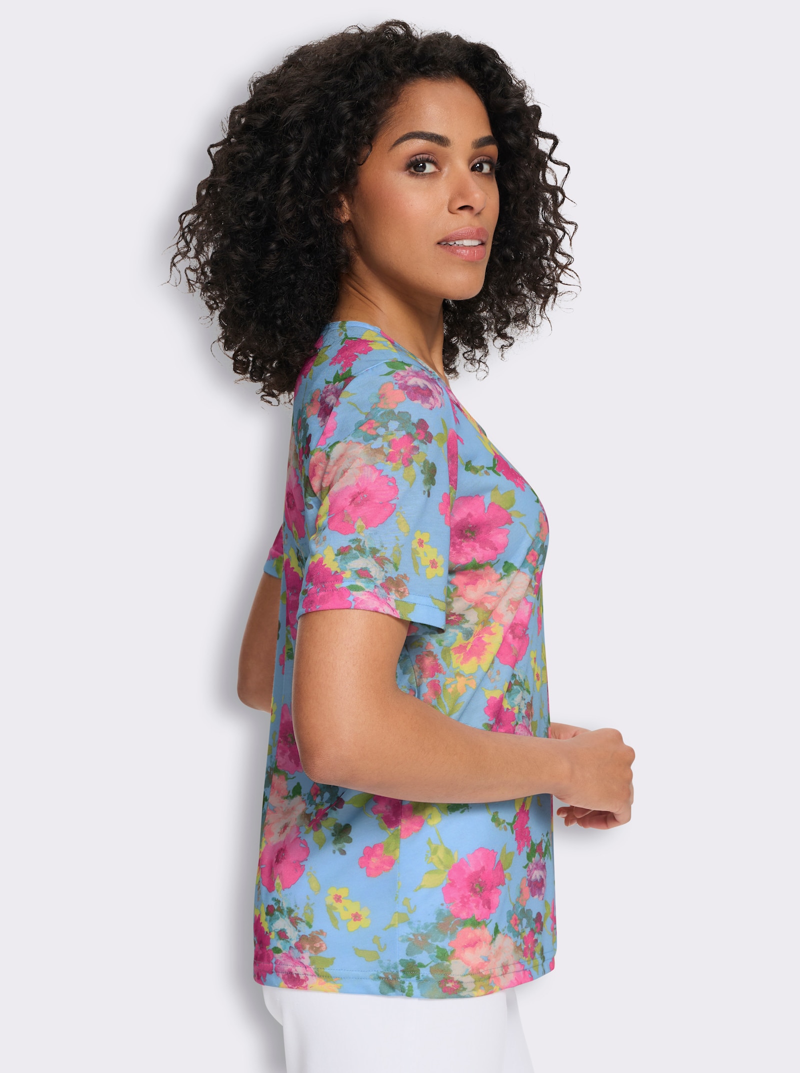 Shirt met ronde hals en bloemetjesprint rondom - aquamarine/fuchsia bedrukt
