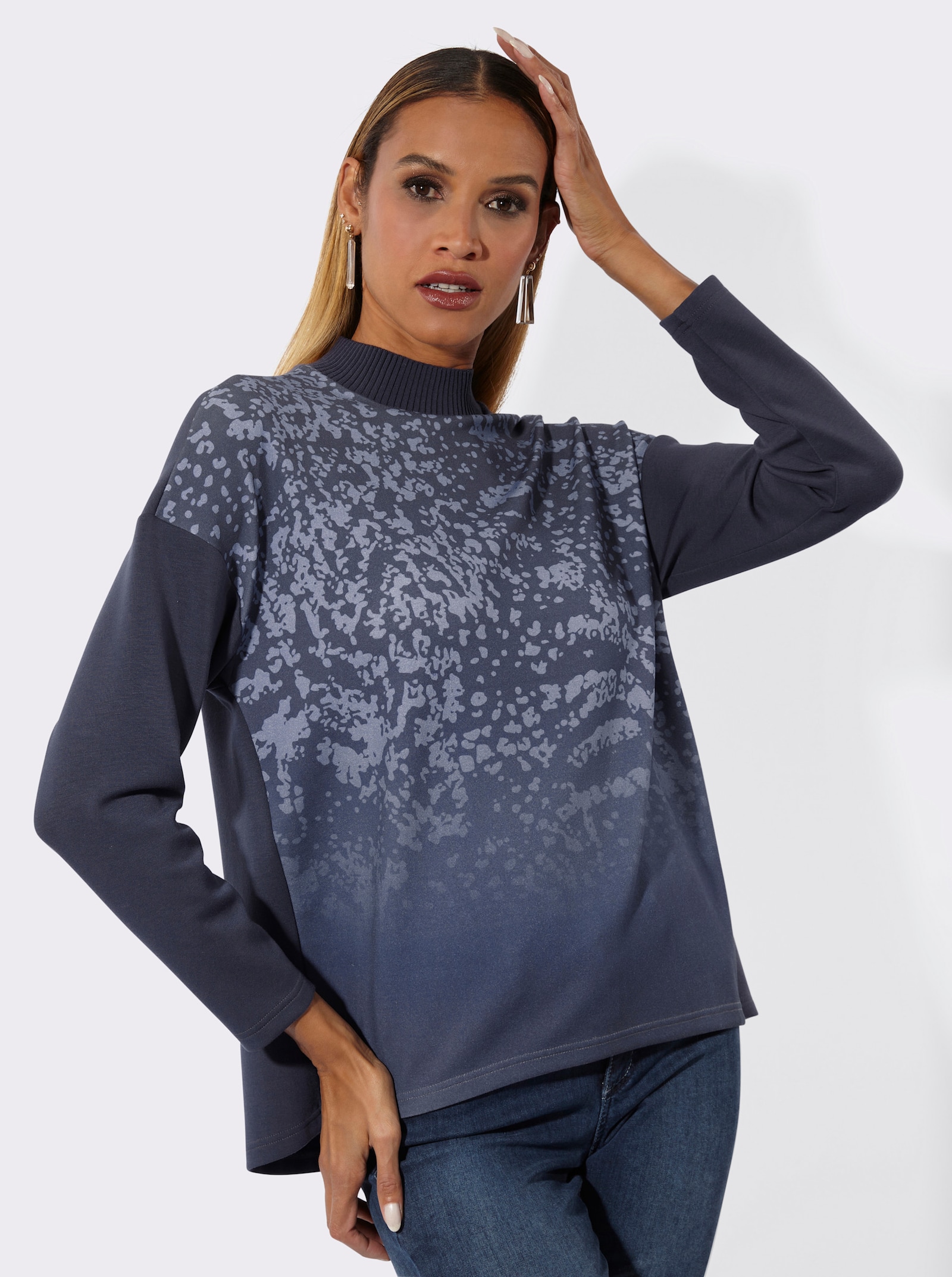 Stehkragenshirt mit platziertem Druck - marine-taubenblau-bedruckt