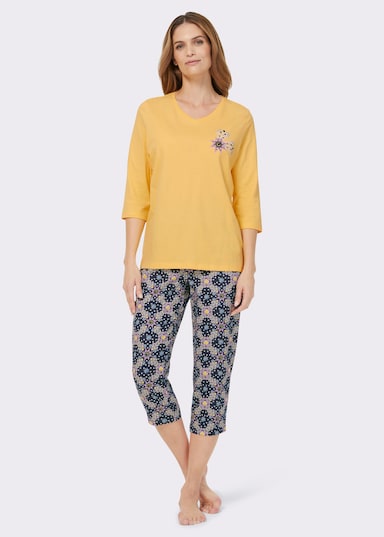wäschepur Schlafanzug mit allover bedruckter 3/4-Hose - gelb-marine-bedruckt