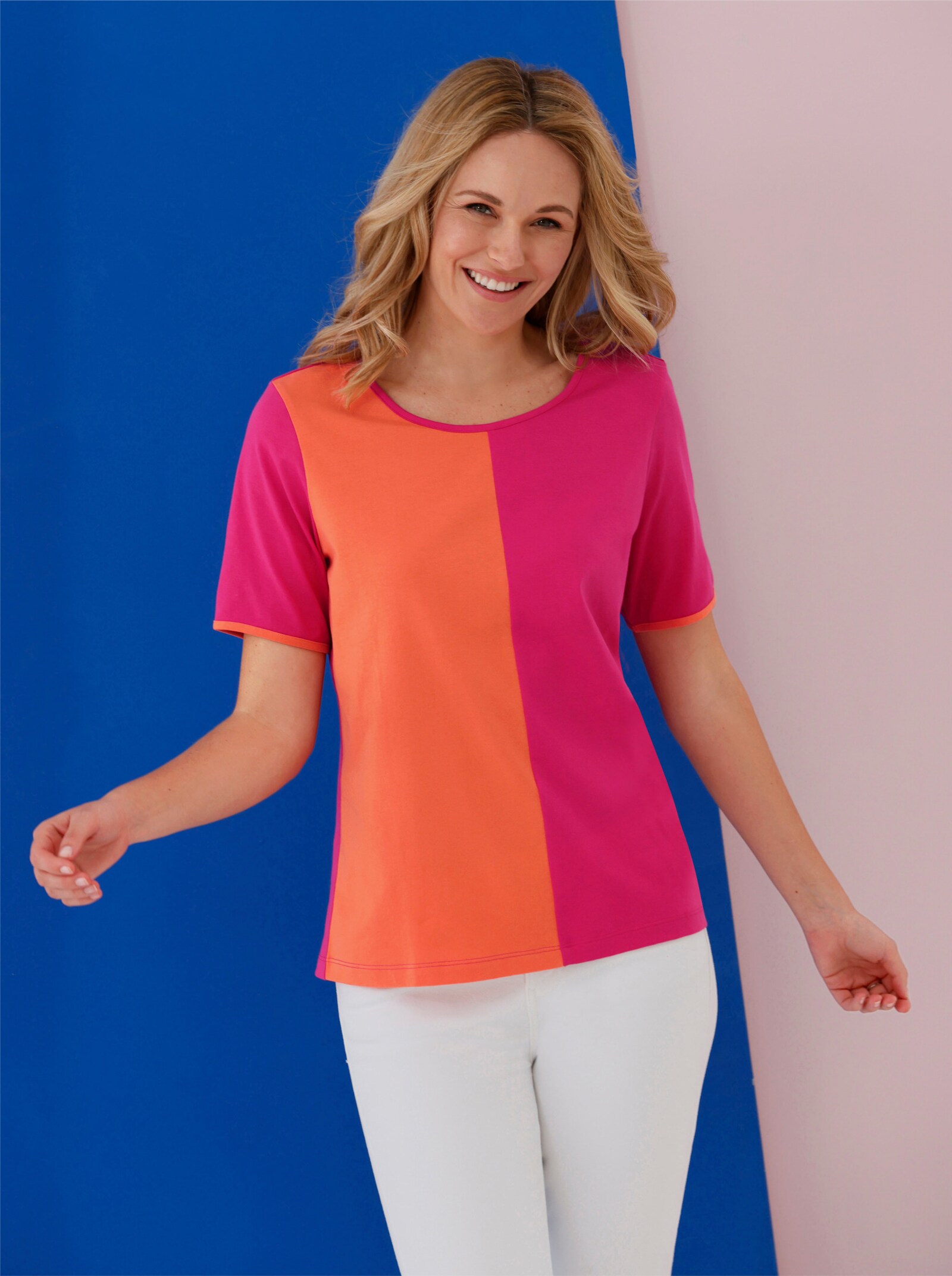 Shirt met korte mouwen in colour-blocking-dessin - oranje/pink