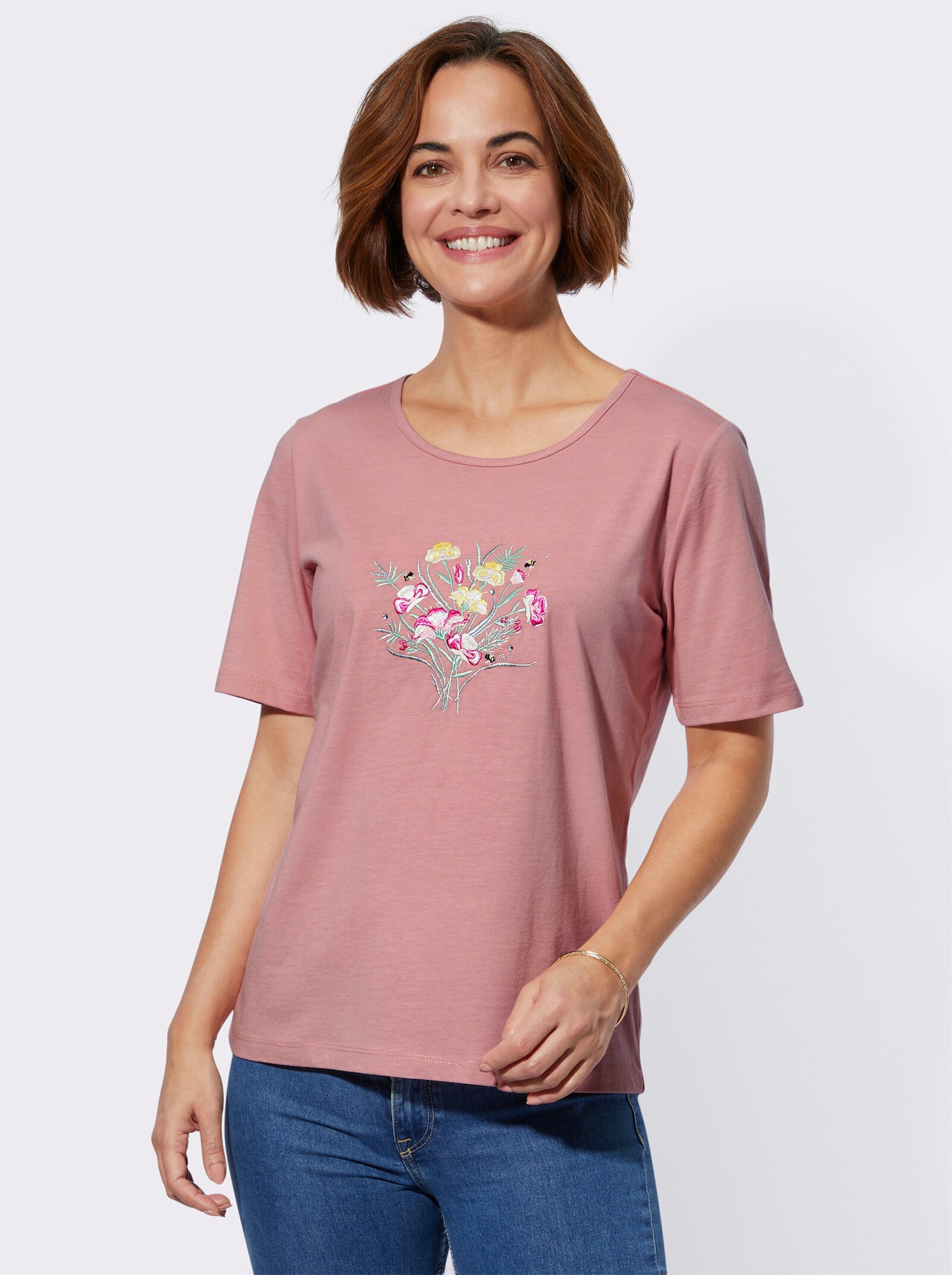 Kurzarmshirt mit Stickereien - rosenquarz