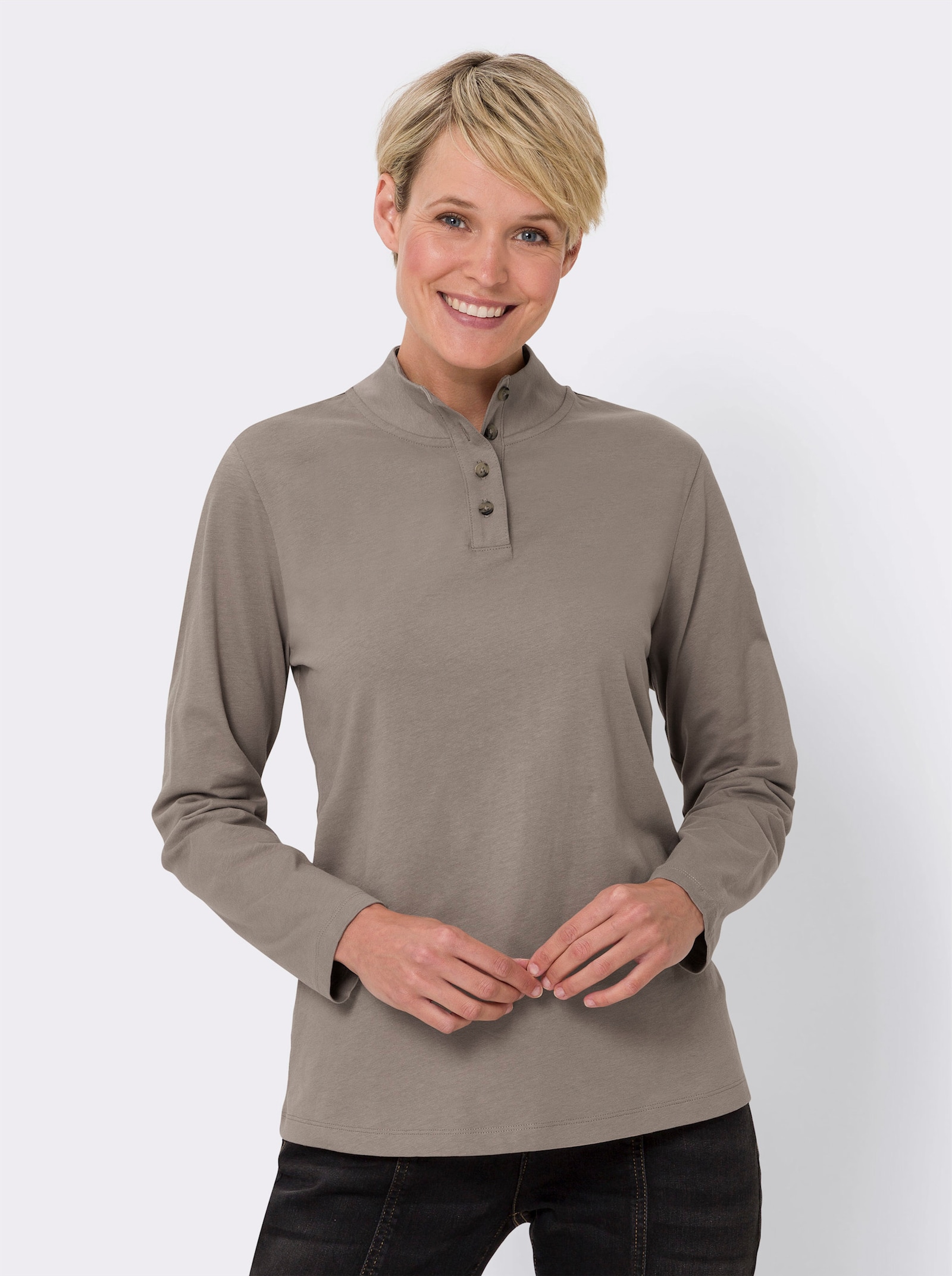 Shirt met opstaande kraag en sierknopen - taupe