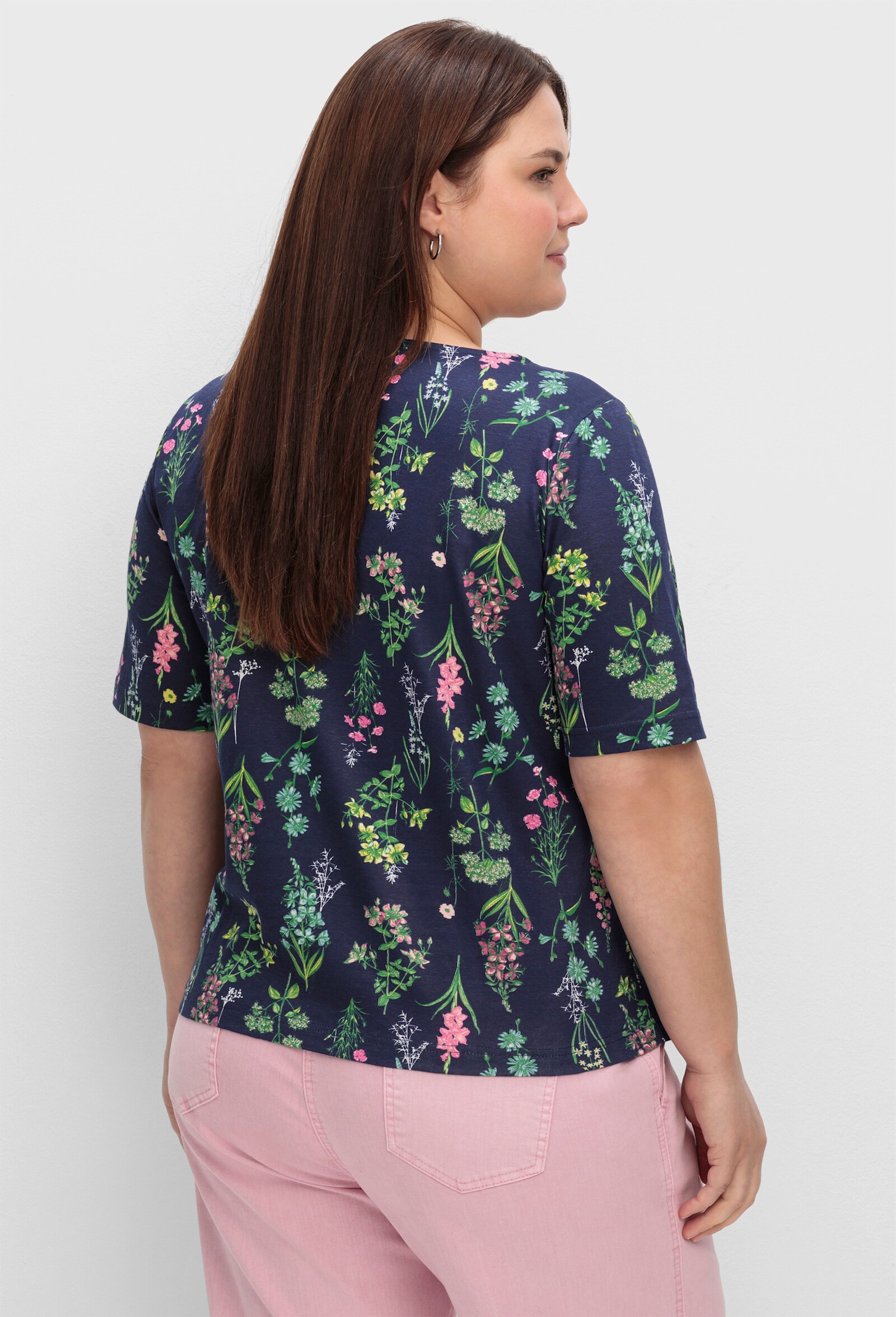 Rundhalsshirt im floralen Dessin - marine-altrosa-bedruckt