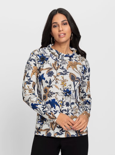 Print-Shirt mit halsfernem Rollkragen - ecru-royalblau-bedruckt