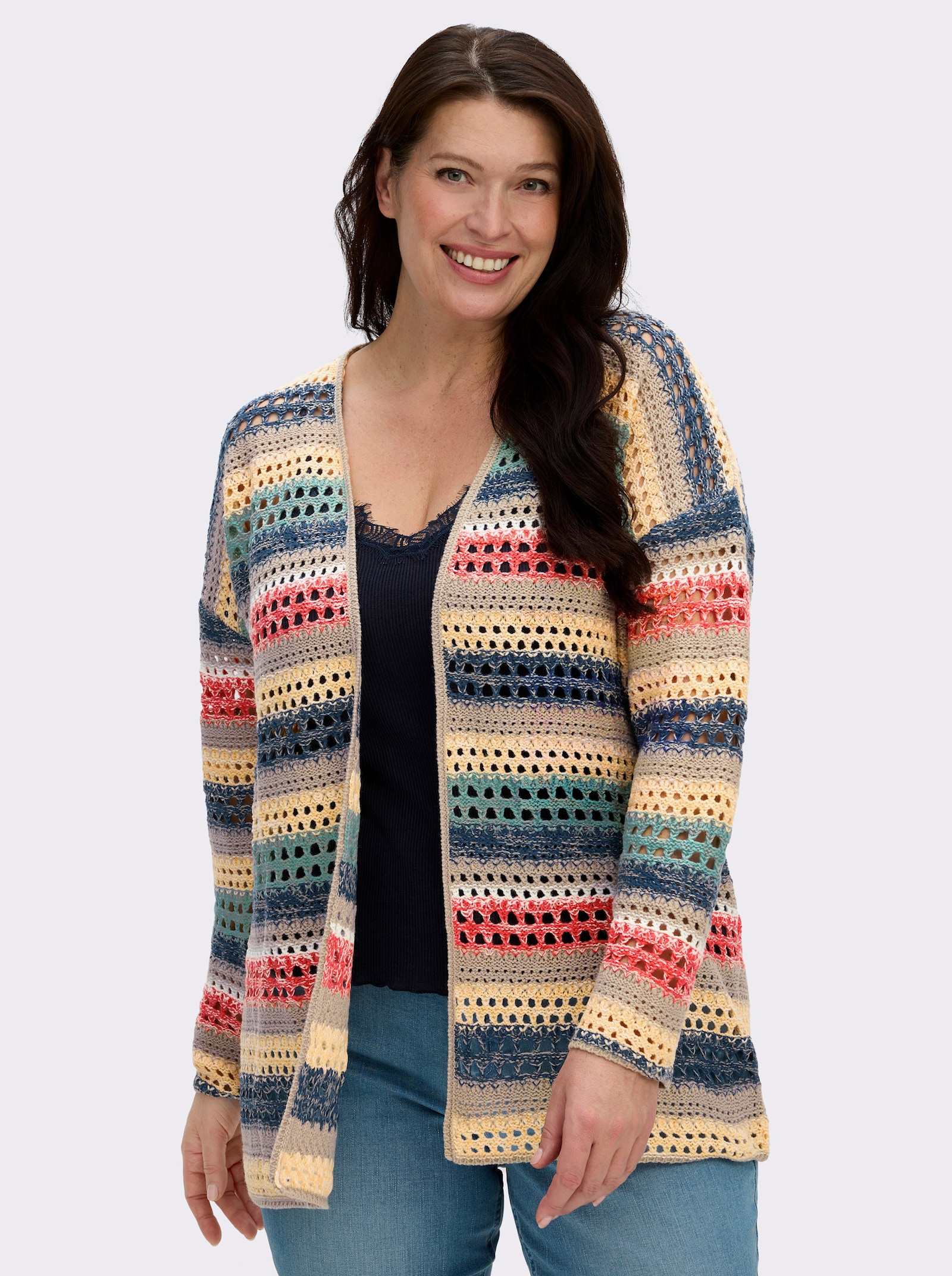 Ajourstrickjacke in Streifen-Optik - sesam-apricot-gemustert