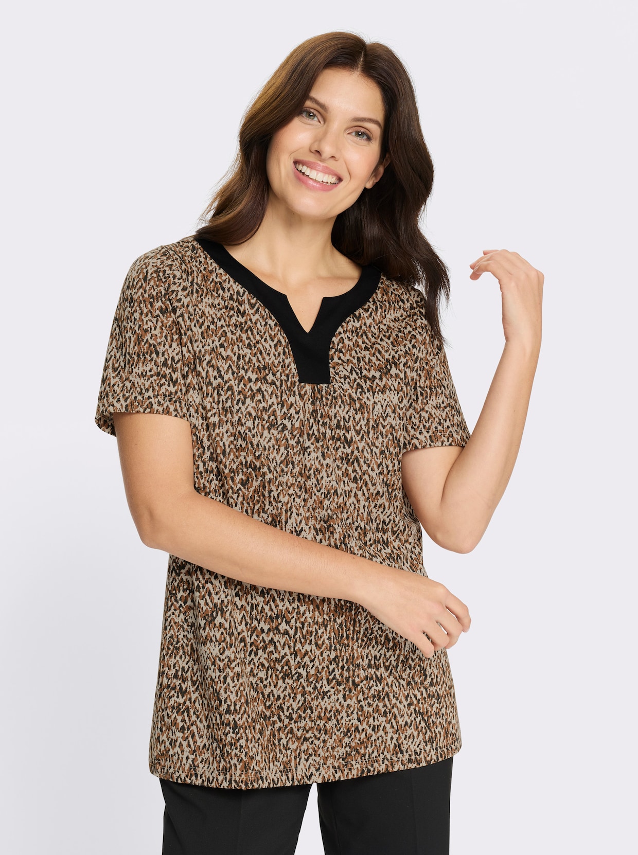 Longshirt in ausgestellter A-Linie - cognac-schwarz-bedruckt