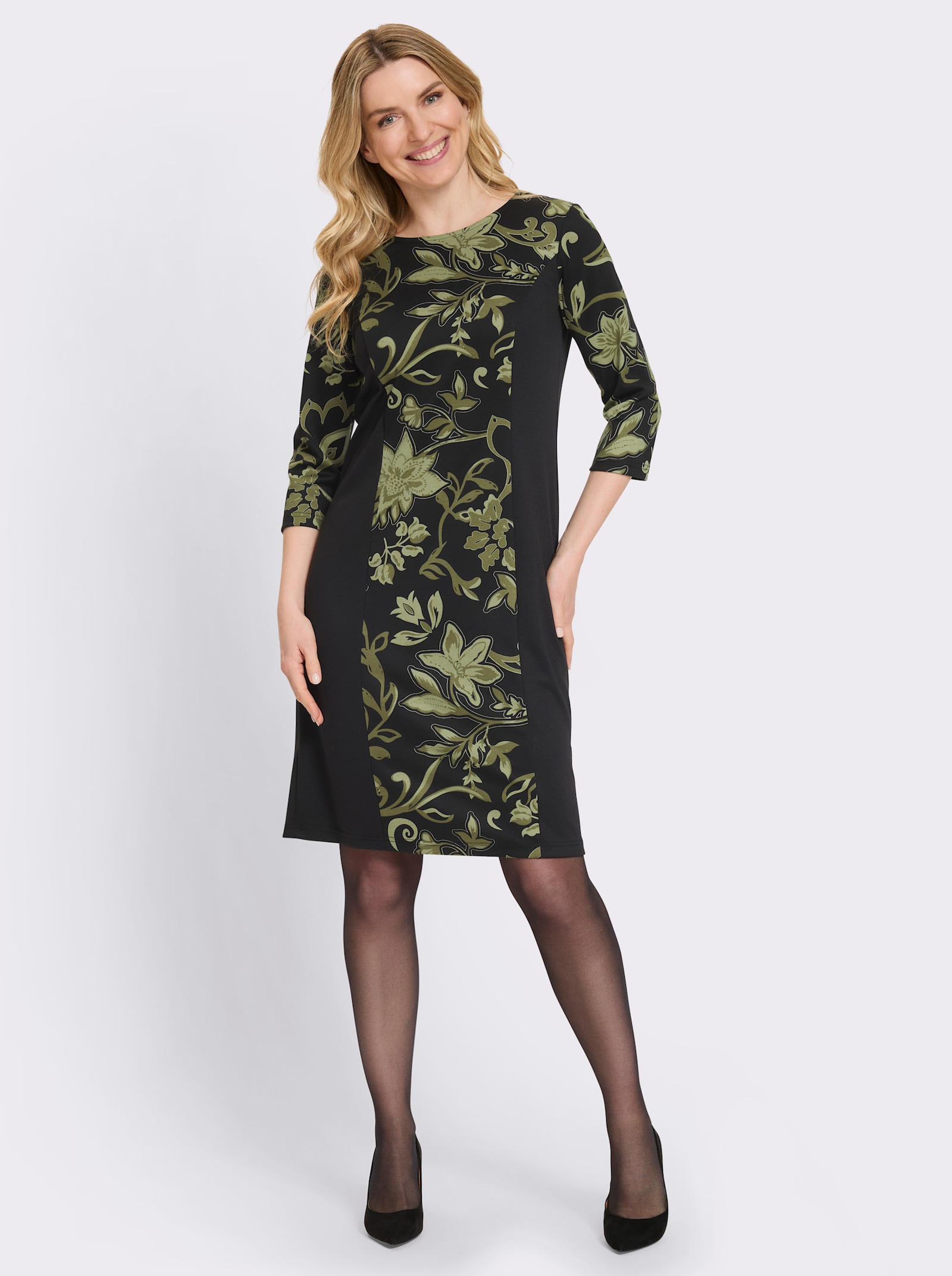 Druckkleid im Paisley-Dessin - schwarz-oliv-bedruckt