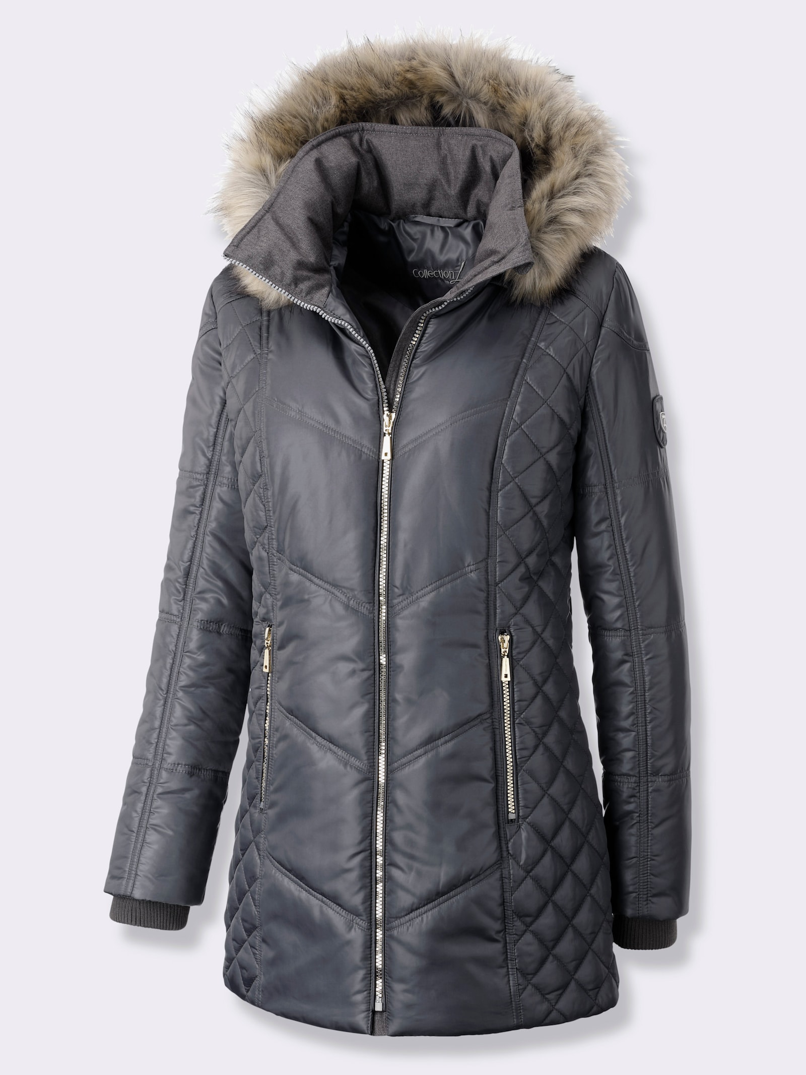 Steppjacke mit Kapuze mit Pelz-Imitat - anthrazit