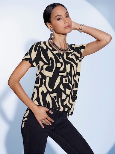Kurzarmbluse im grafischen Druck - sand-schwarz-gemustert