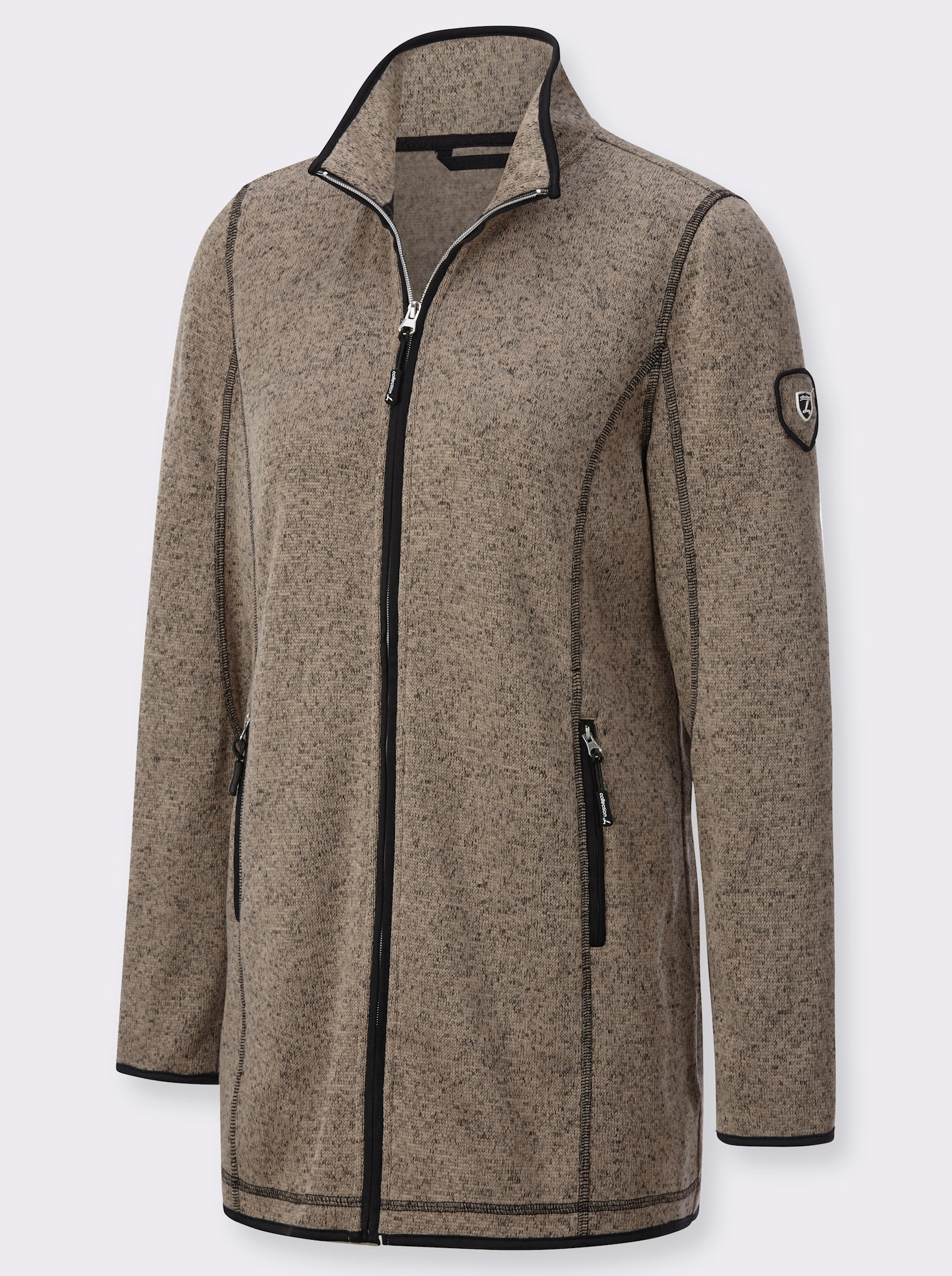 Gebreid fleecejack in lang model - sesam/zwart gedessineerd