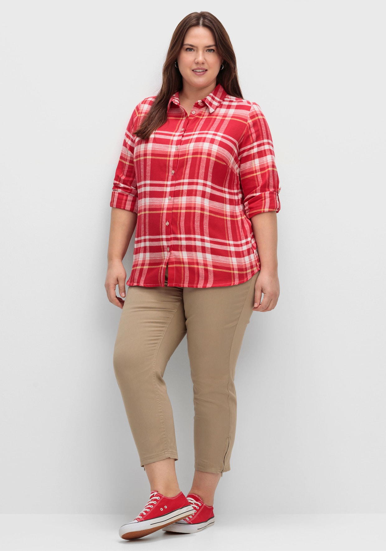 Flanellbluse mit krempelbaren Ärmeln - rot-camel-kariert