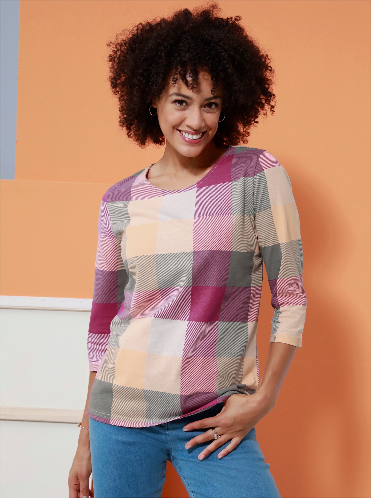 3/4-Arm-Shirt - magenta-apricot-gemustert