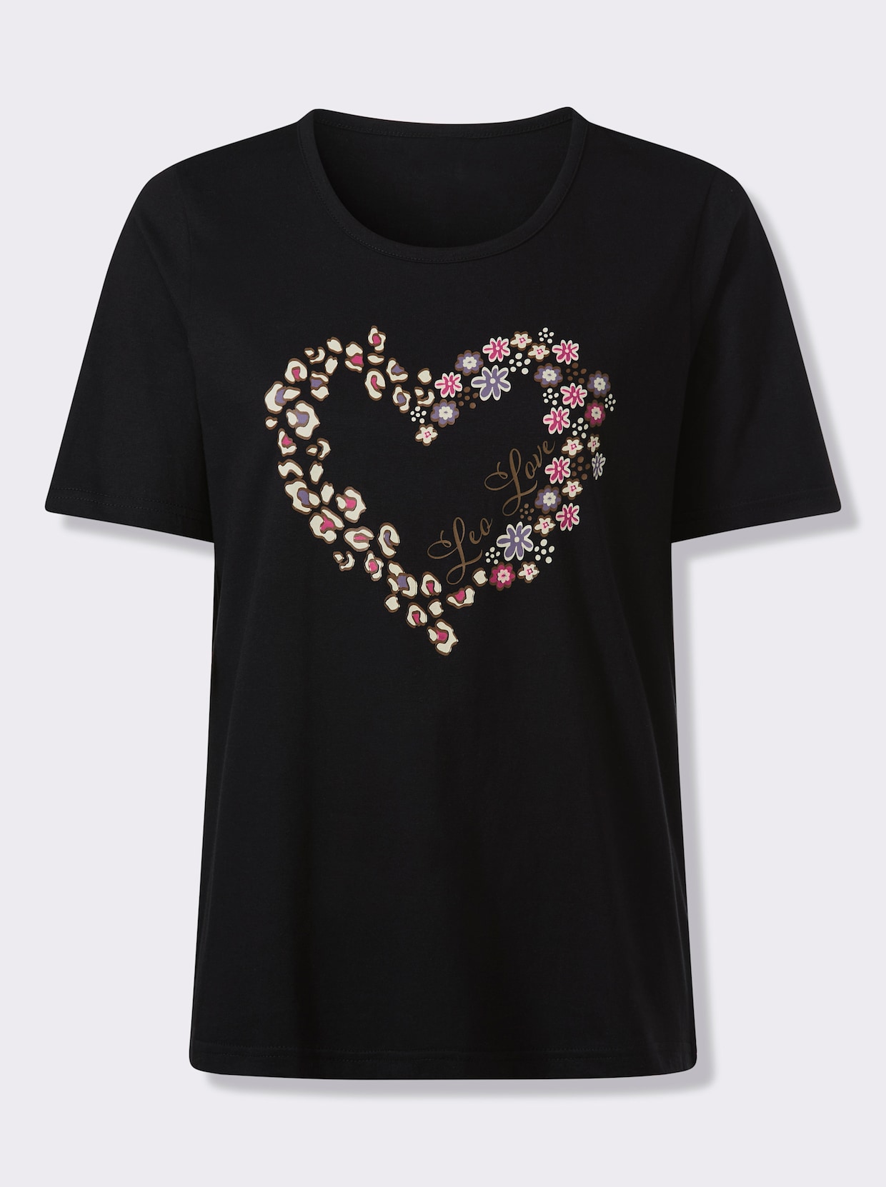 Rundhalsshirt mit Herzprint - schwarz-braun-bedruckt