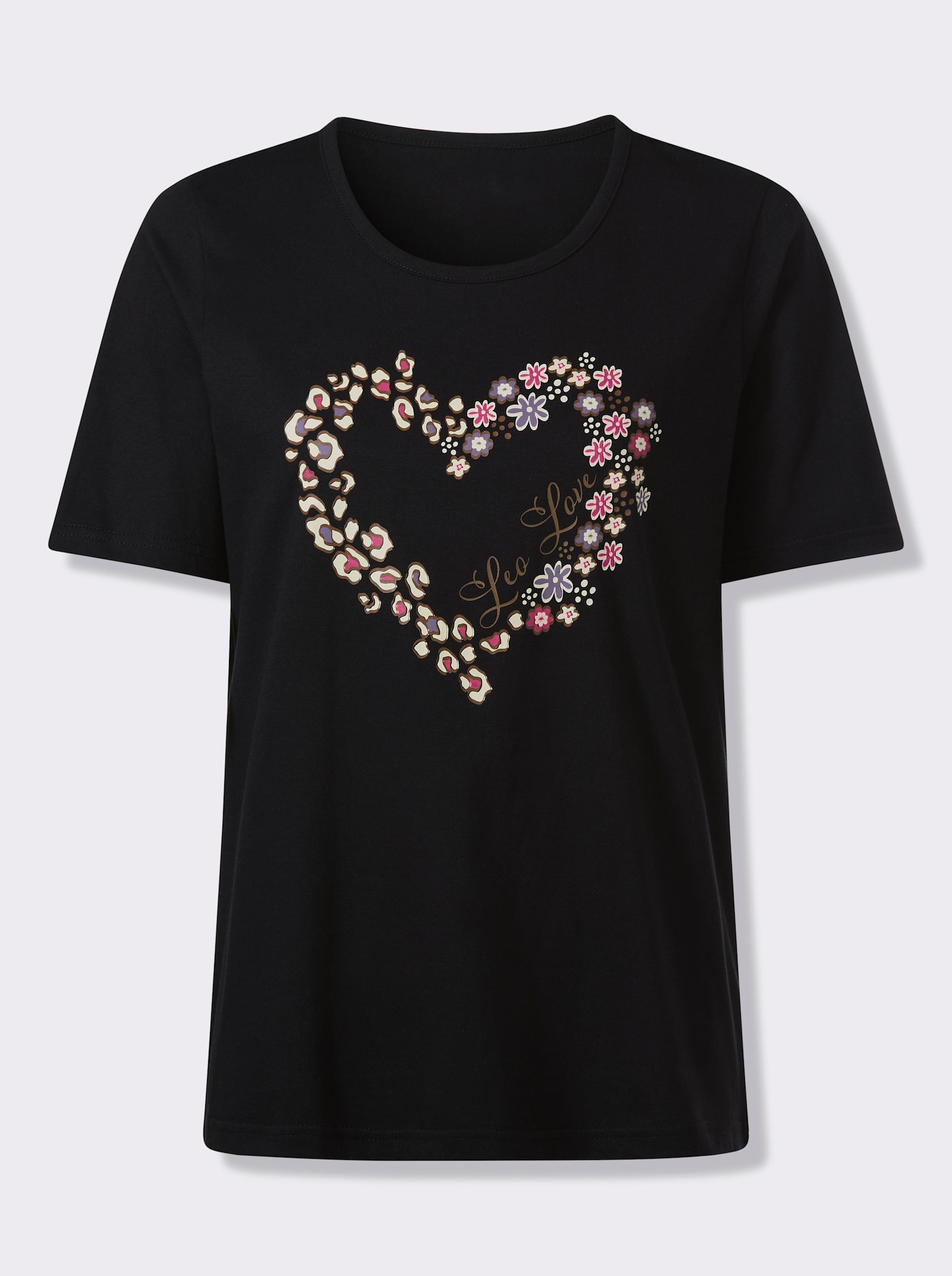 Rundhalsshirt mit Herzprint - schwarz-braun-bedruckt