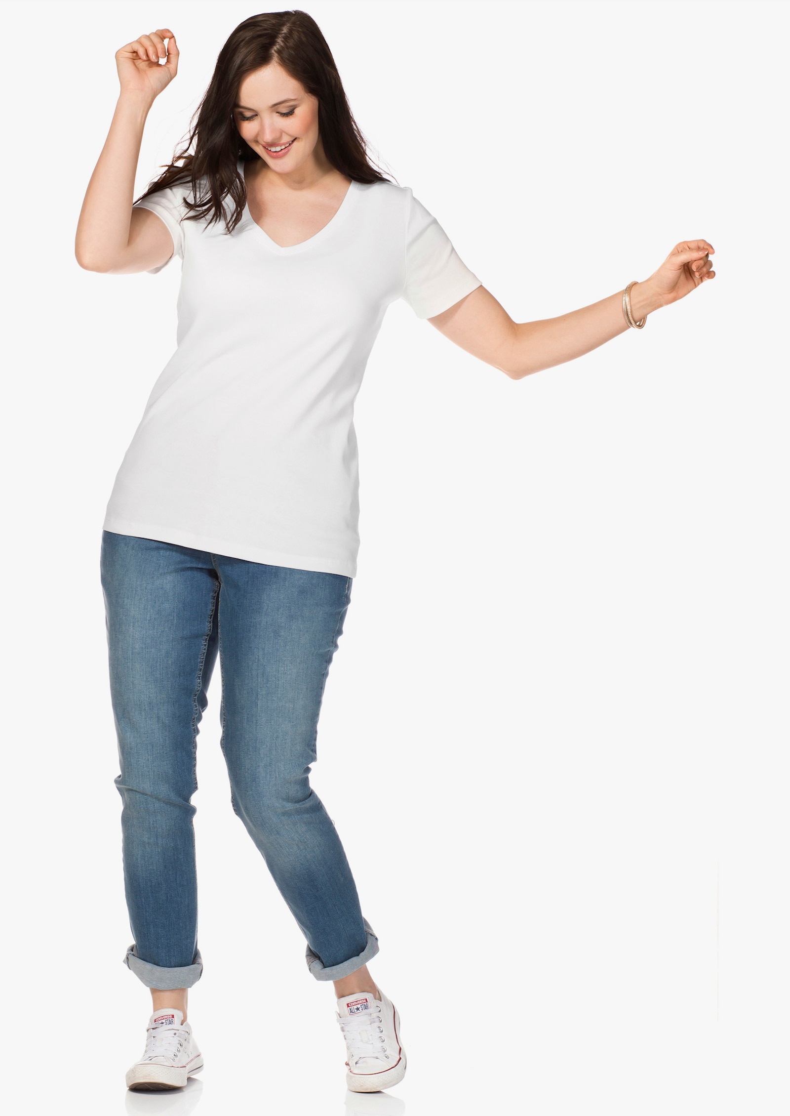 sheego T-shirt met V-hals, ribmateriaal - wit