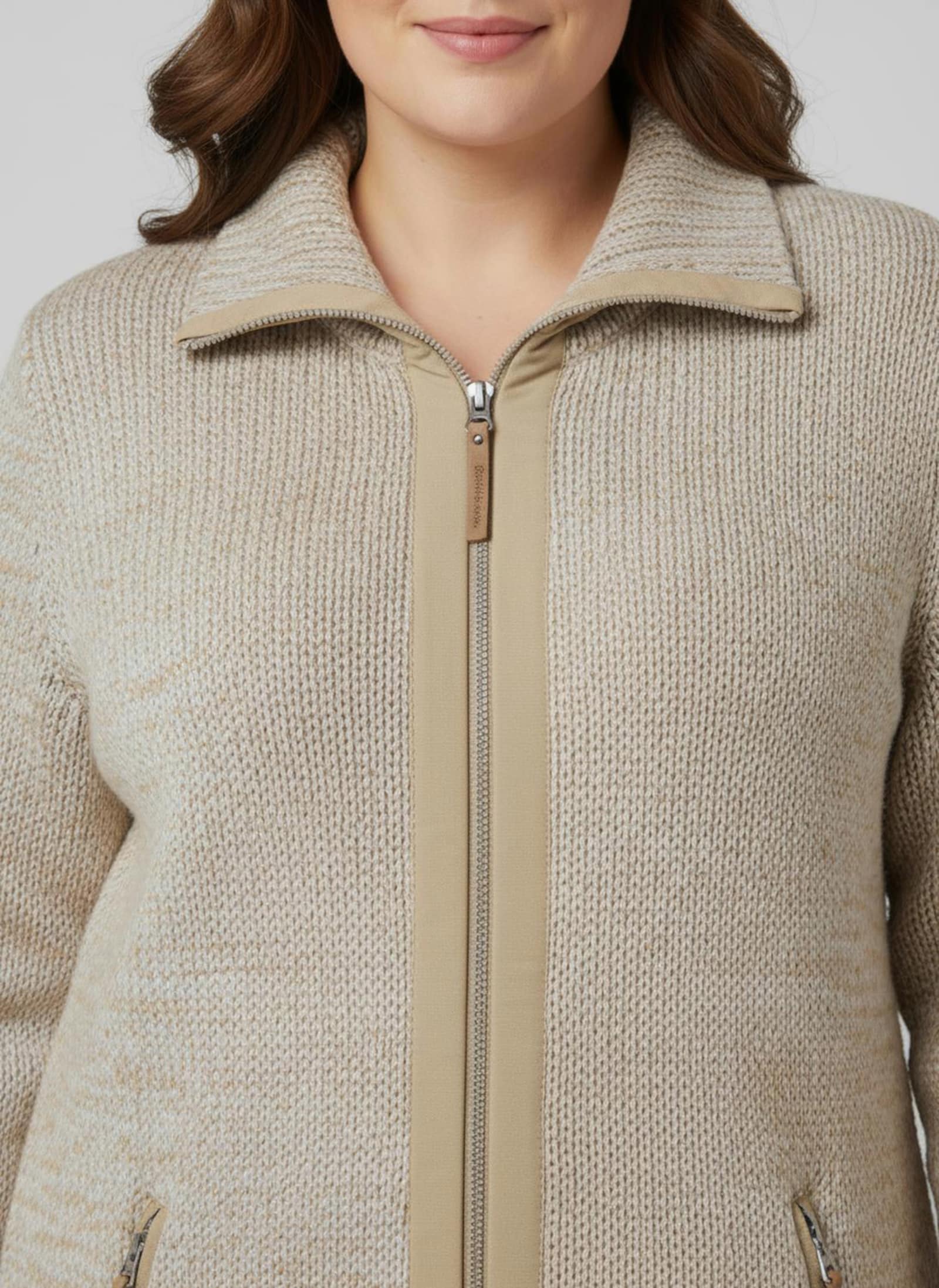 Longstrickjacke mit Troyerkragen - camel-ecru-meliert