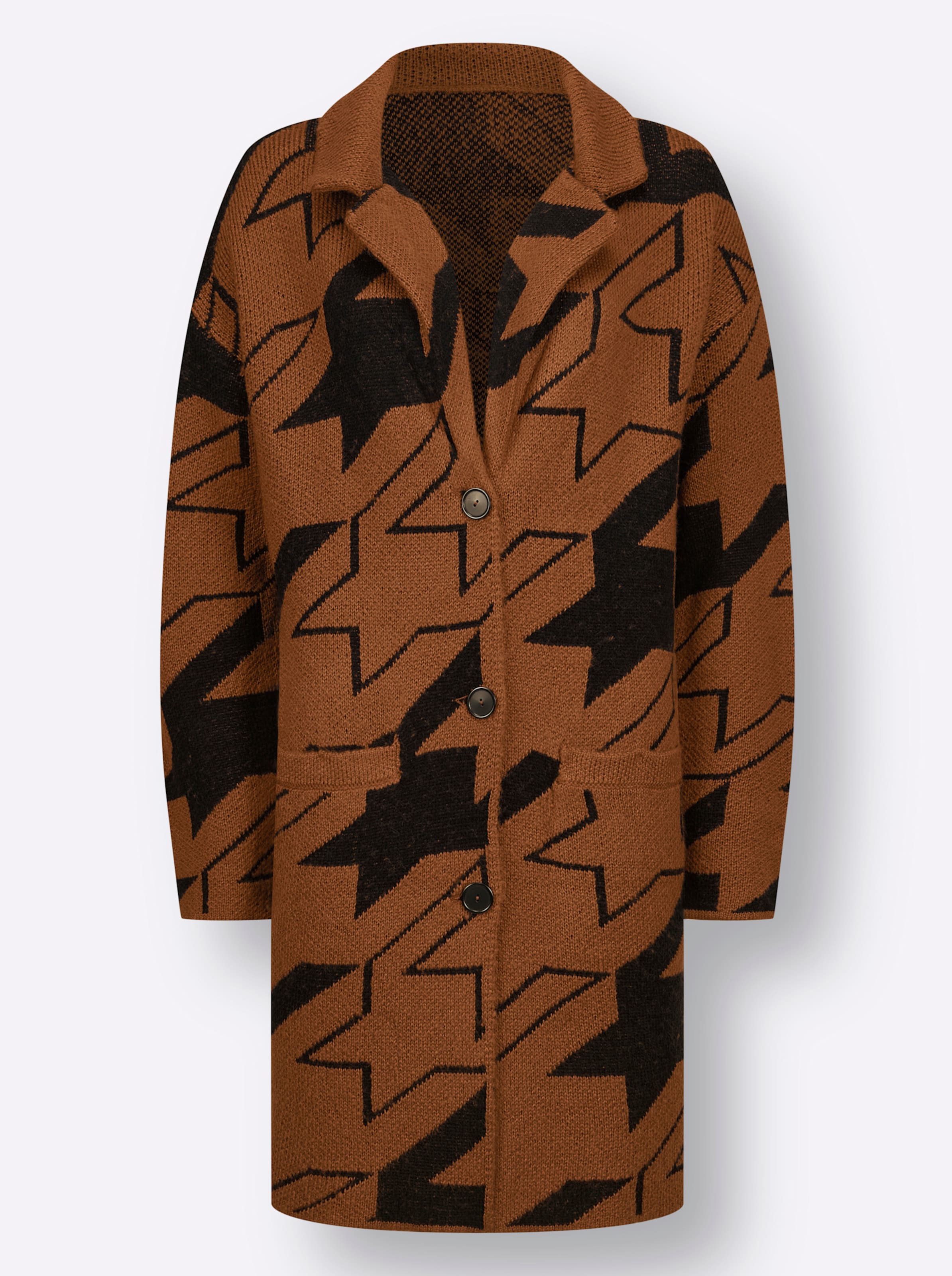 Damen Strickmantel mit Hahnentritt-Muster cognac-schwarz-gemustert, Größe 56 - Bild 2