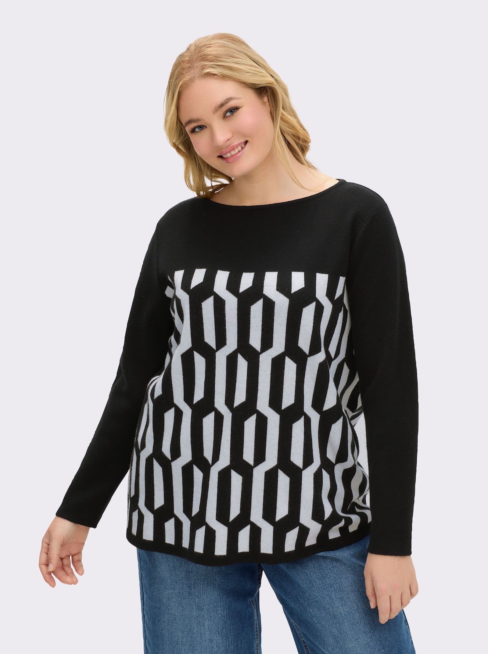 sheego Pullover mit Grafik-Jacquardmuster - schwarz-ecru-gemustert