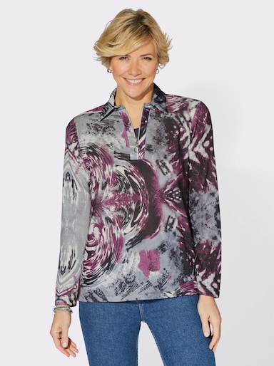 Poloshirt mit unterlegtem Reißverschluss - bordeaux-grau-bedruckt