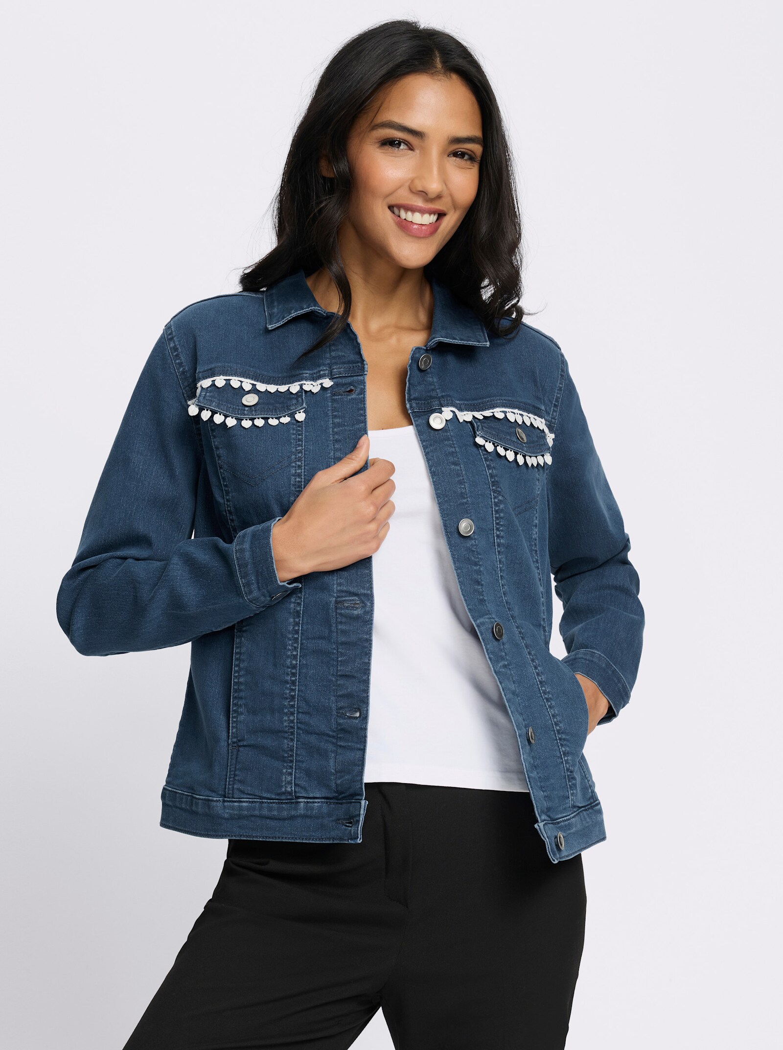 Jeansjacke mit Spitzenband - blue-stone-washed