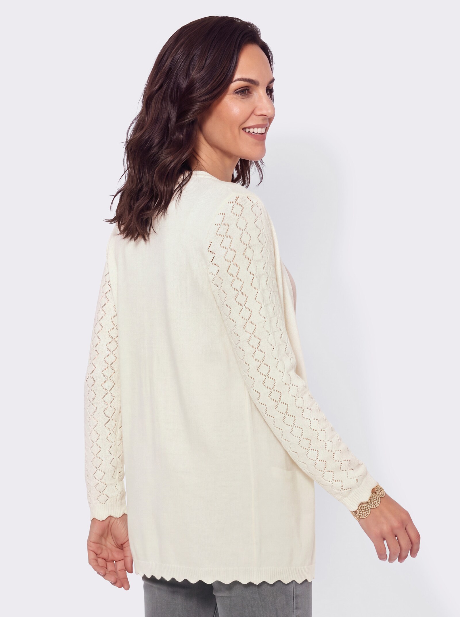 Longstrickjacke mit glattem Rückenteil - ecru