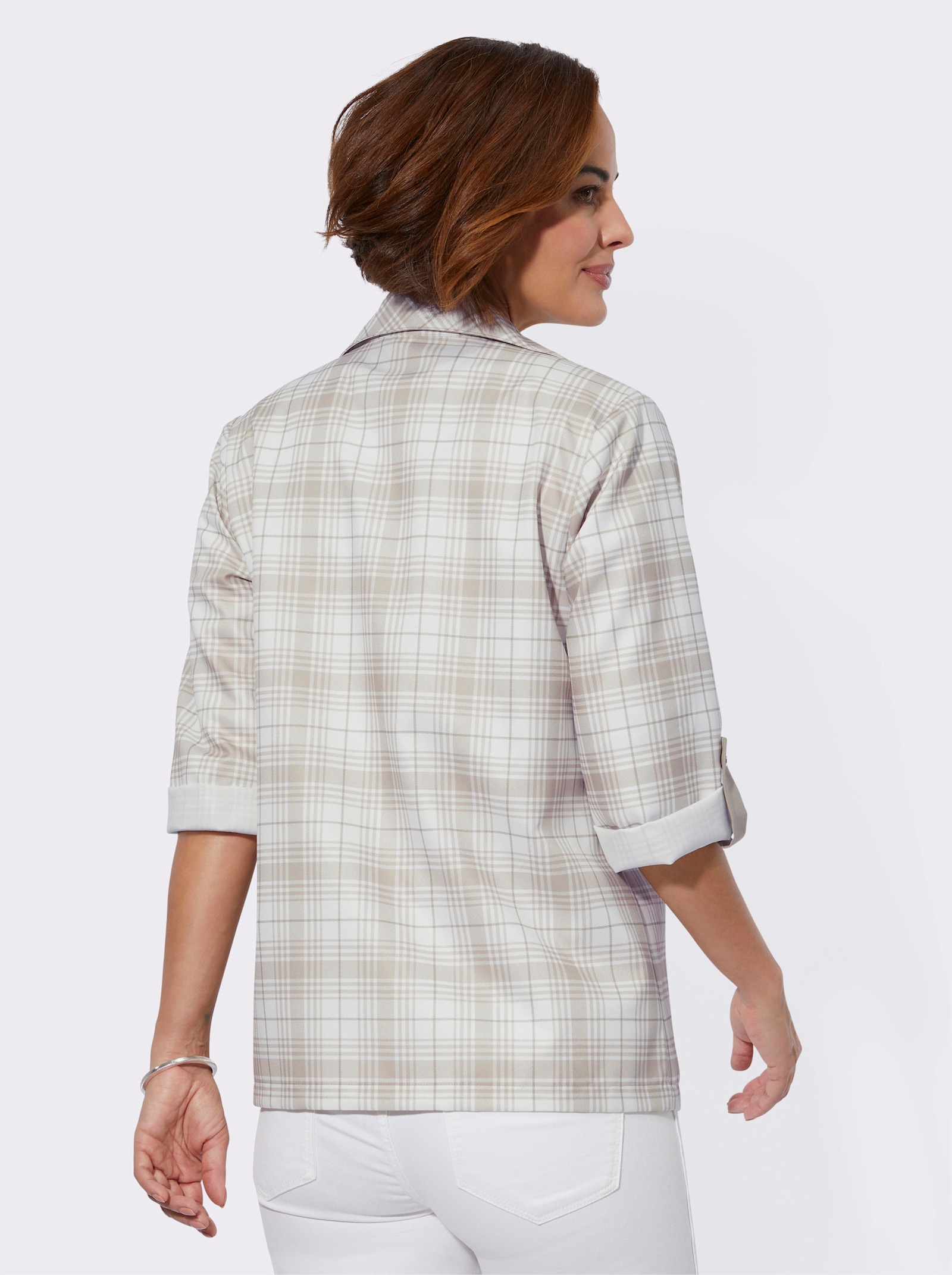 Blusenjacke mit kontrastfarbigen Blenden - beige-schlamm-kariert