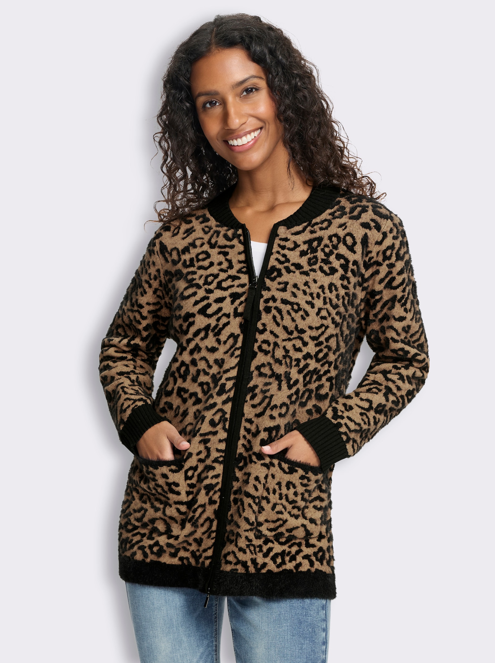 heine Strickjacke mit Animal-Dessin - camel-schwarz-gemustert