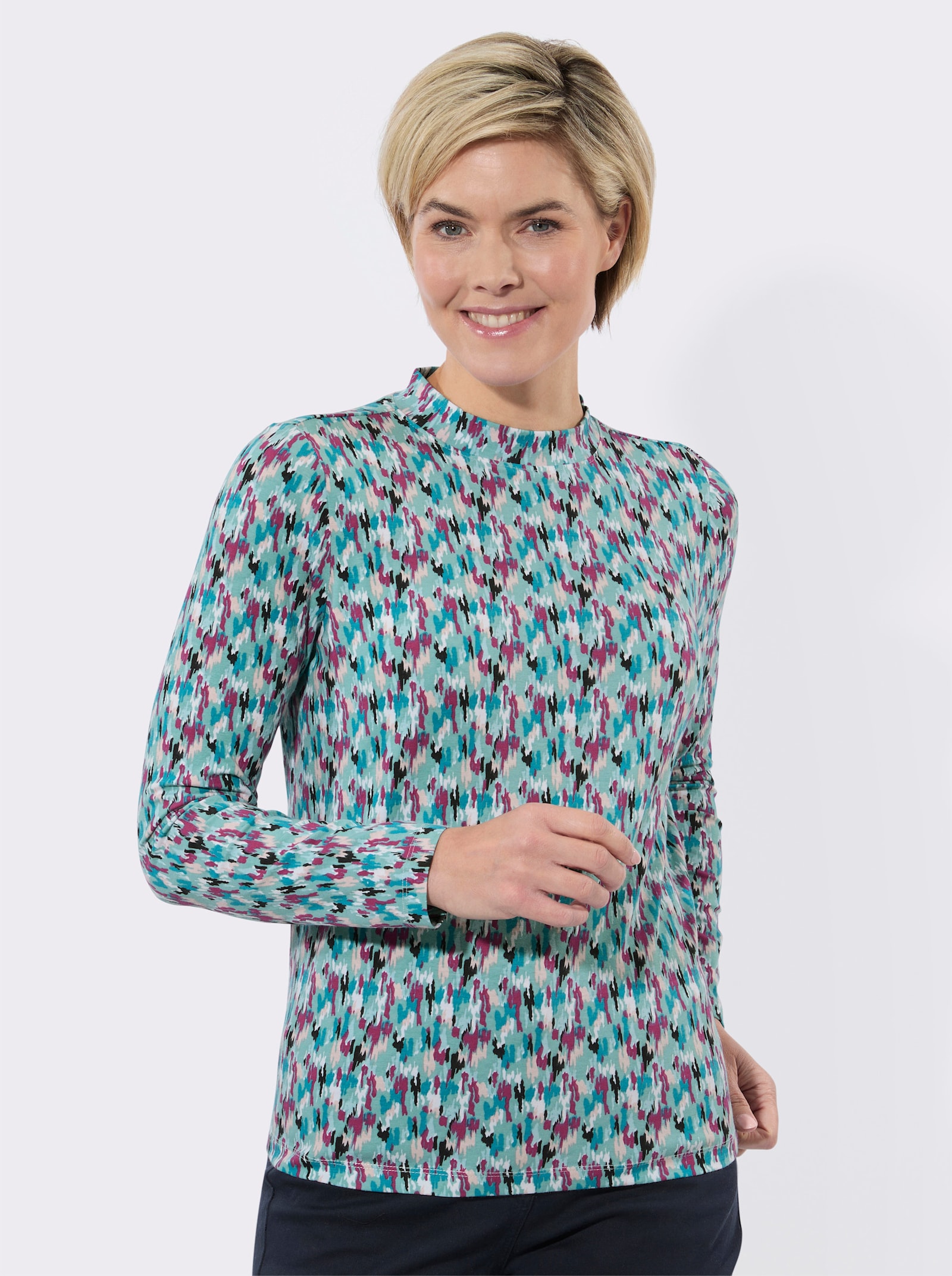 Stehkragenshirt mit Grafik-Dessin - salbei-malve-bedruckt