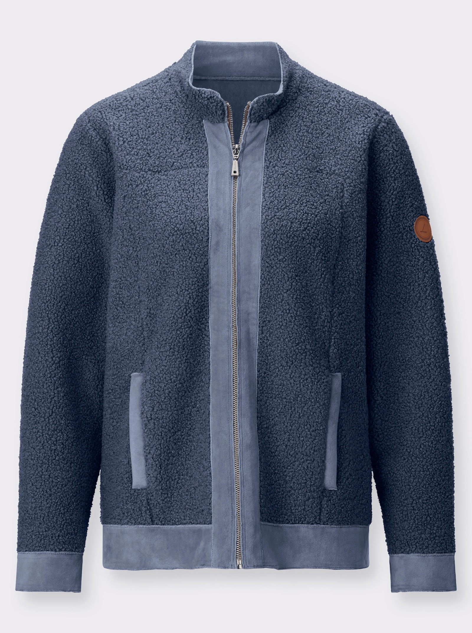 Boucléjacke mit Veloursleder-Opik - rauchblau