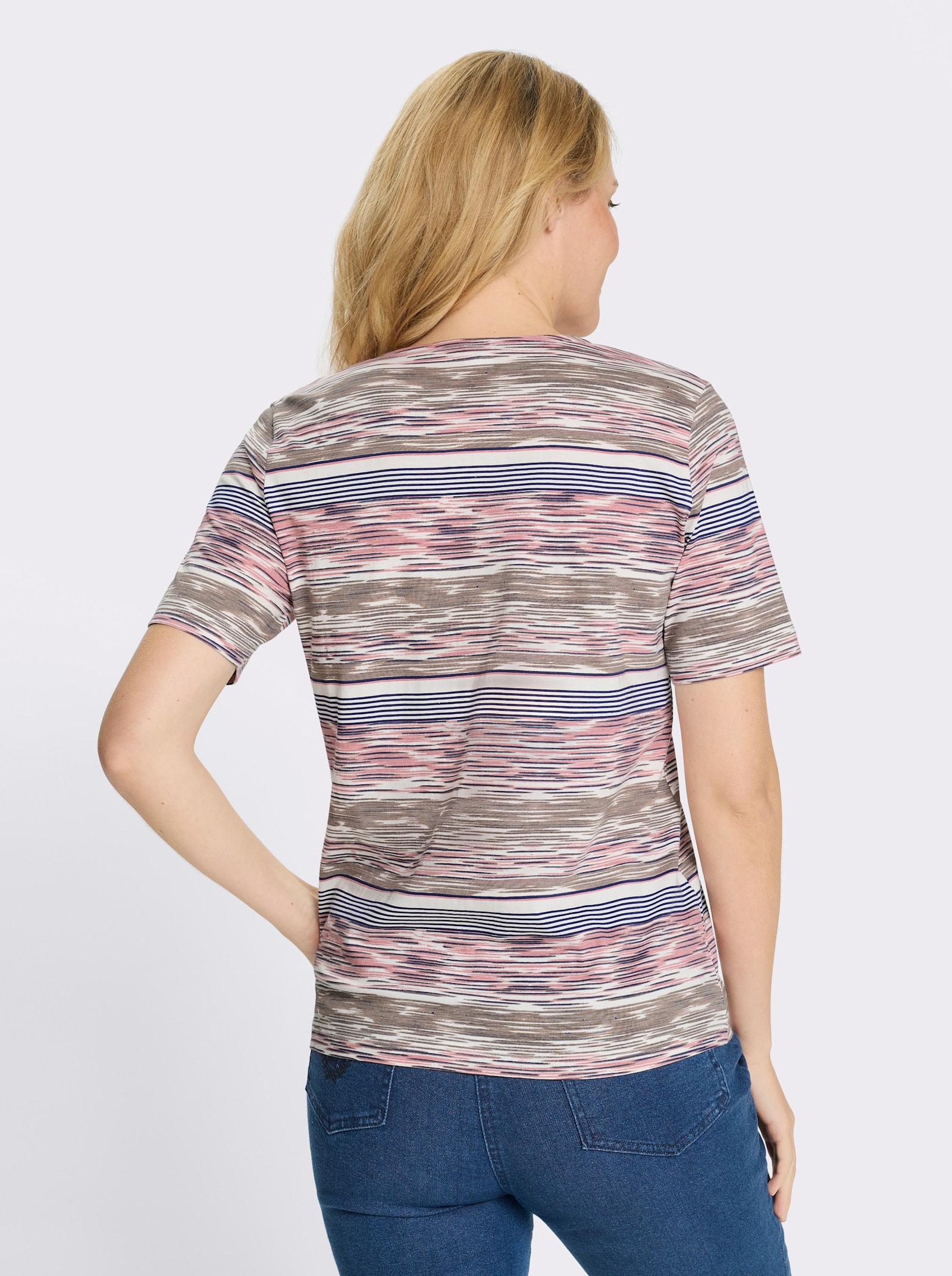 Kurzarmshirt mit Ringel-Druck rundum - flamingo-ecru-bedruckt