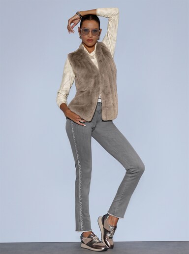 Strickweste mit Fellimitat vorne - dunkeltaupe