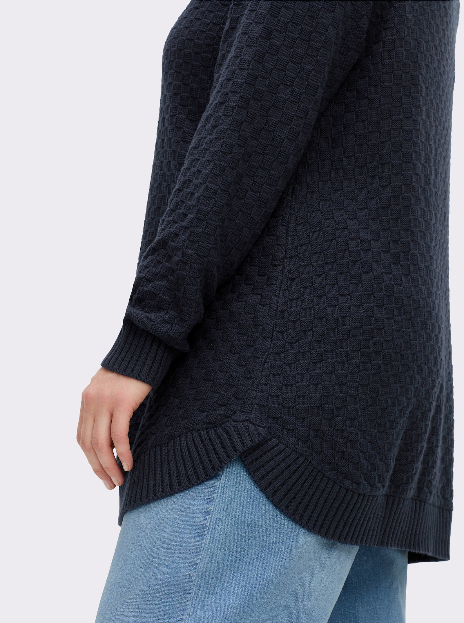 sheego Pullover in A-Form, mit Rippbündchen - tiefblau