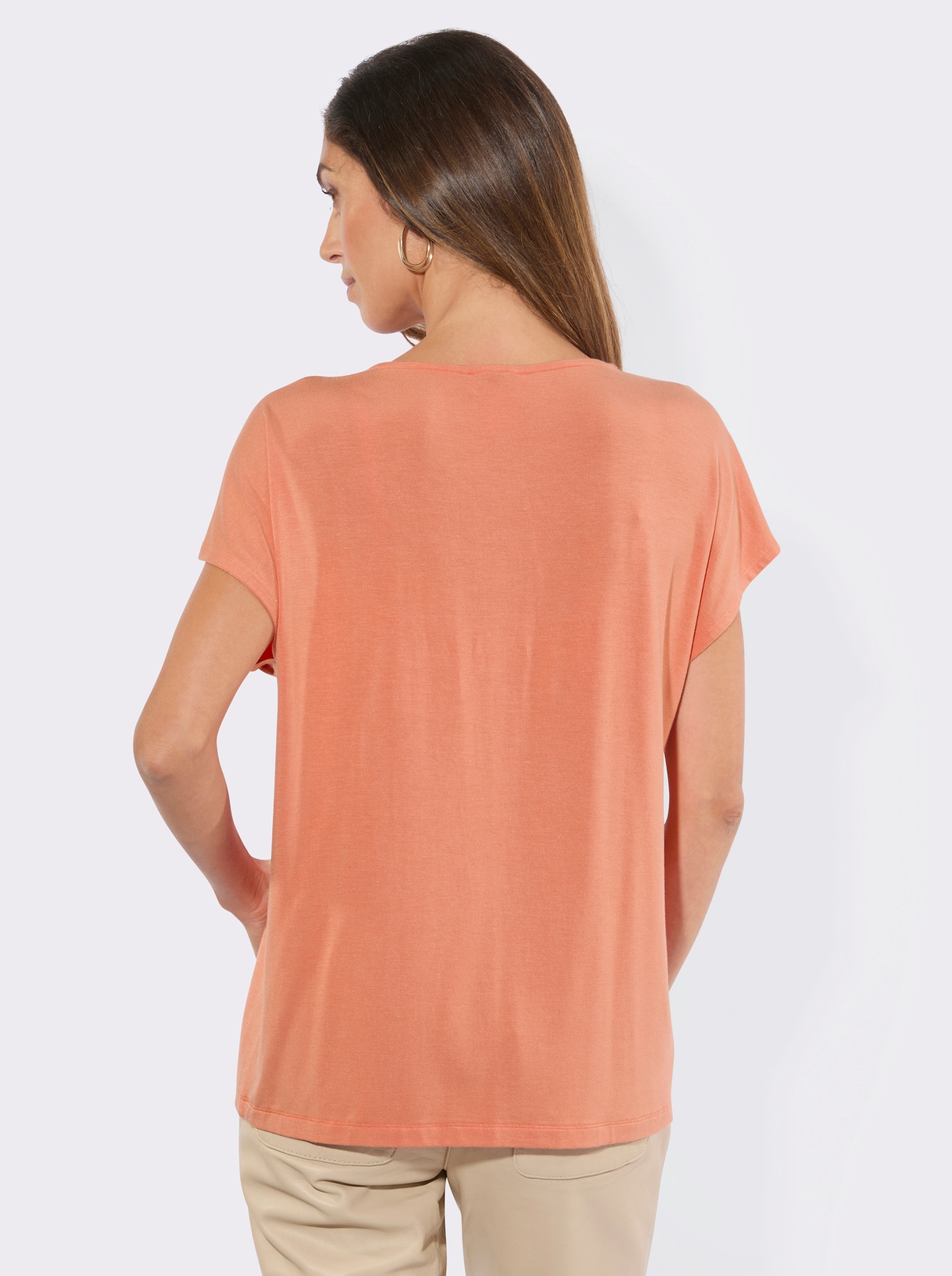 Rundhalsshirt mit Zierperlen und Pailletten - papaya