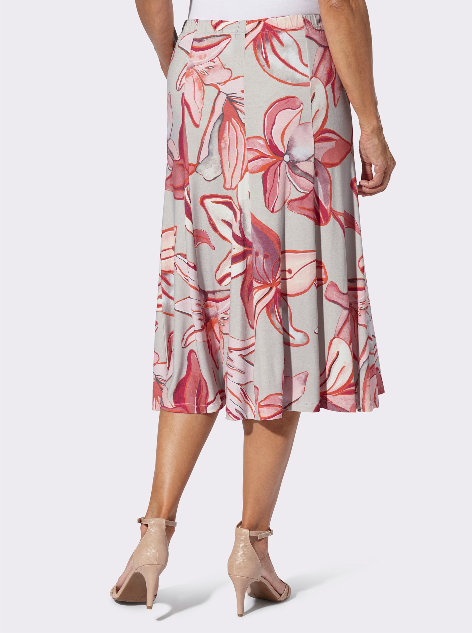 Jerseyrok met bloemdessin - lichtgrijs/koraal bedrukt