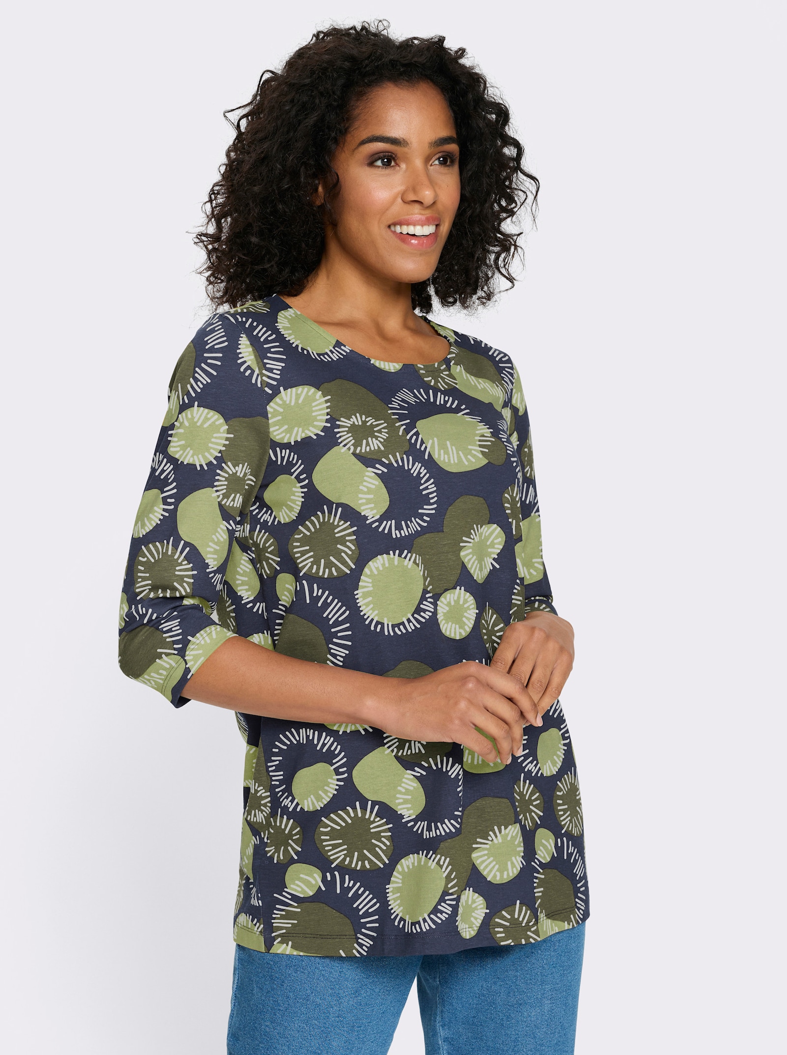 Dlhé tričko s 3/4 rukávmi, bavlna - Olivovo-lipovo zelená potlač