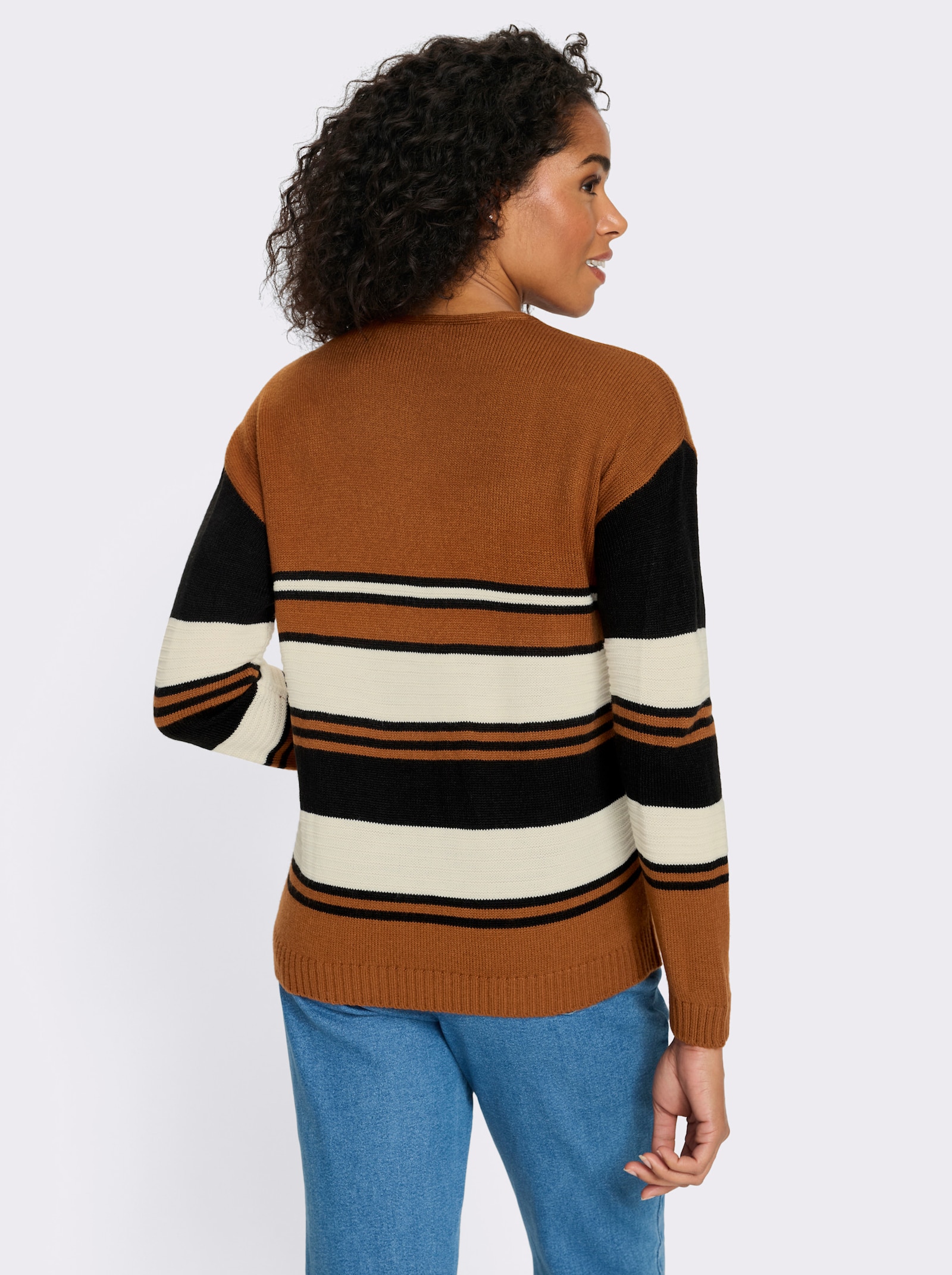 Pullover met lange mouwen en een geplaatst streepjespatroon - cognac/zwart gedessineerd