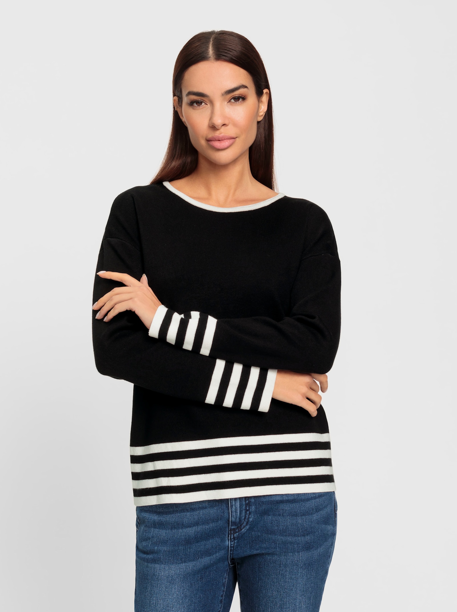 heine Langarm-Pullover mit Kontraststreifen - schwarz