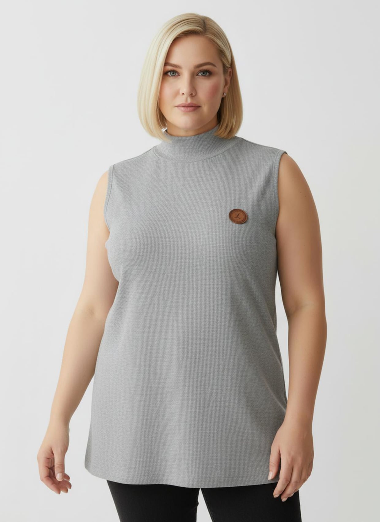 Shirttop mit Stehkragen, pflegeleicht - grau-meliert