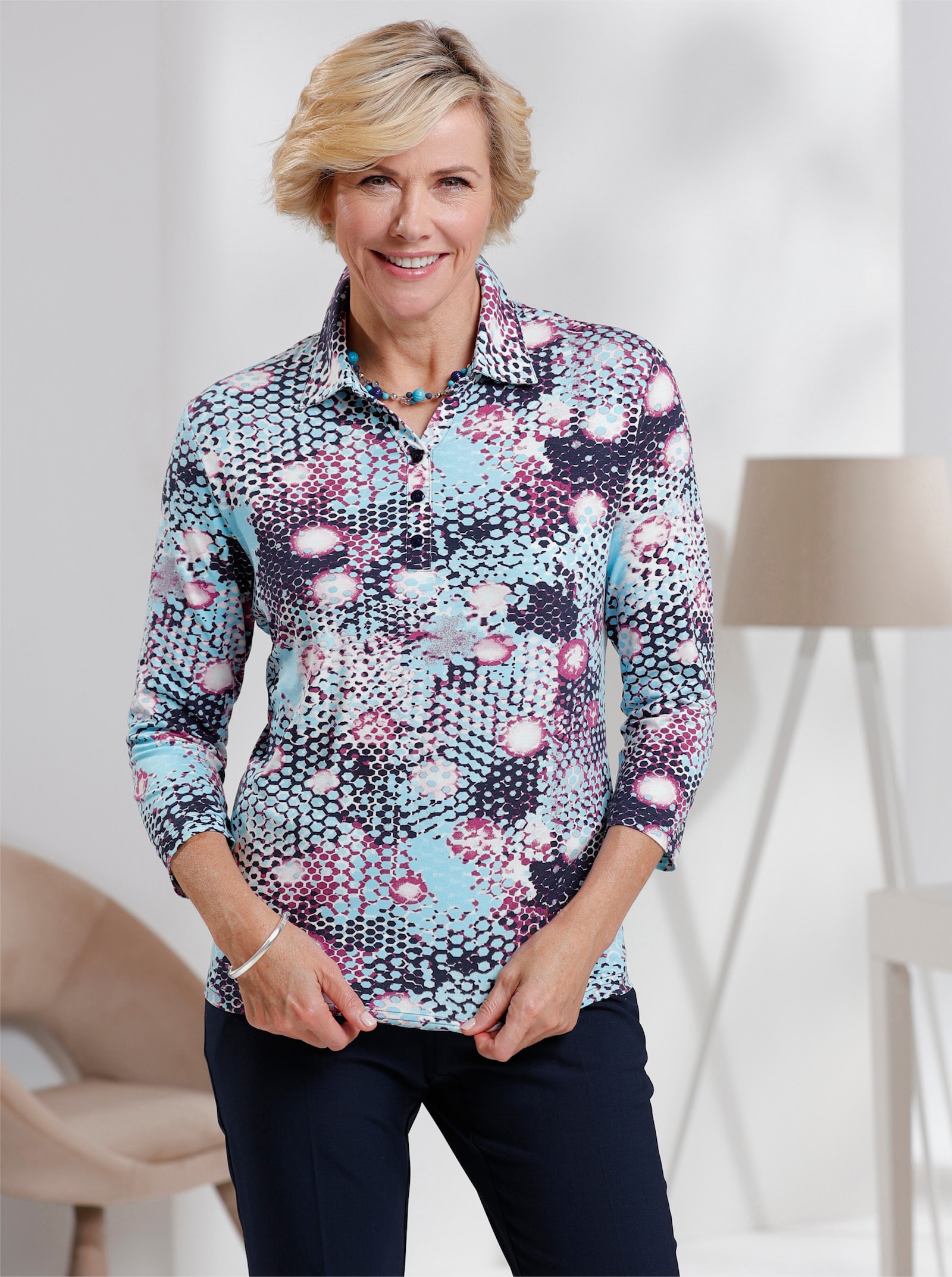 Poloshirt in bewegungselastischer Qualität - aquamarin-marine-bedruckt