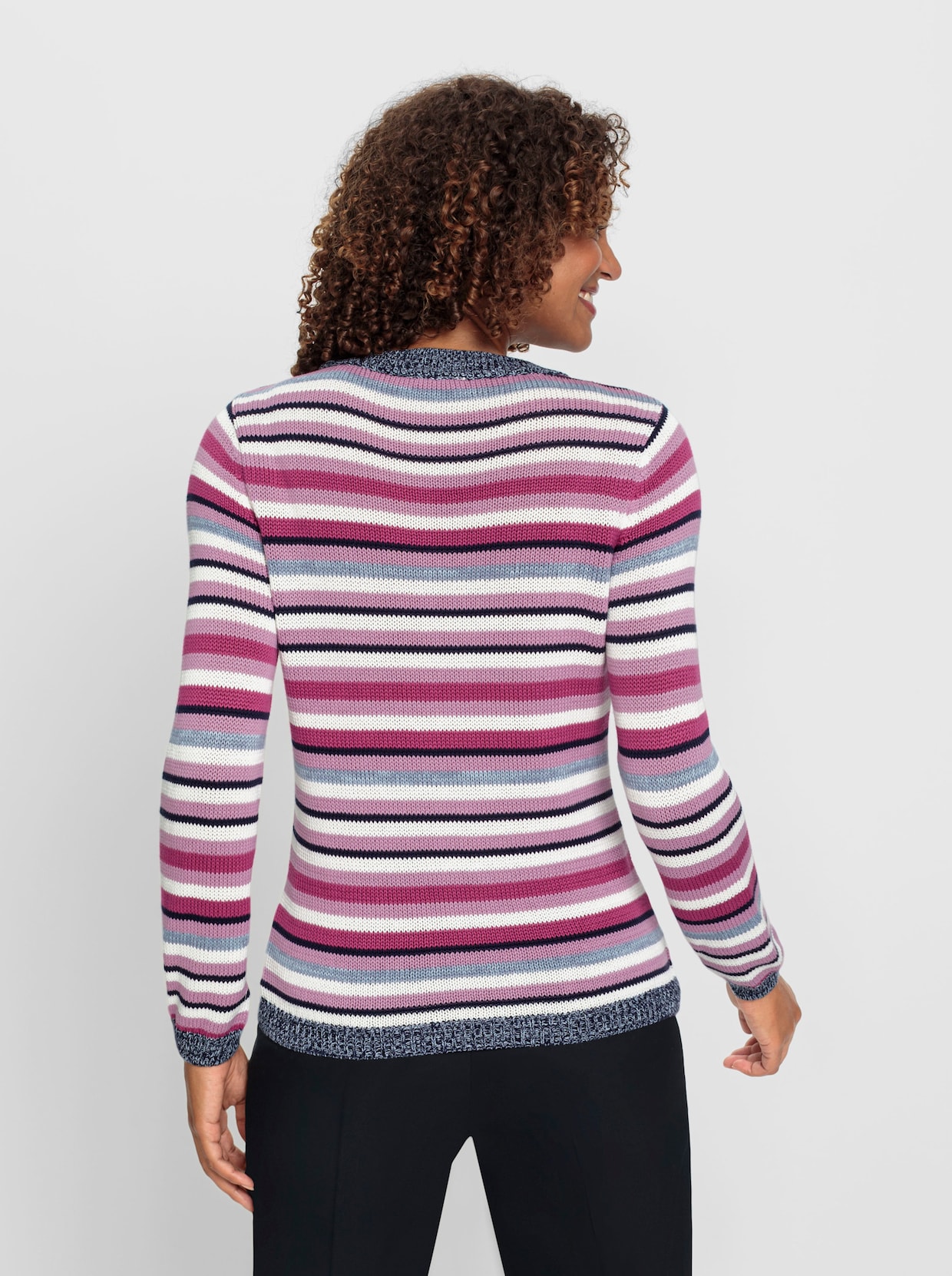 Langarm-Pullover - marine-magenta-geringelt