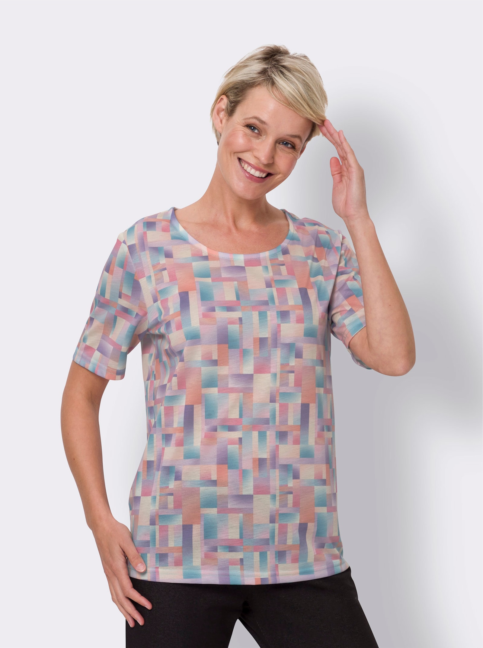 Kurzarmshirt pflegeleichte Qualität - zitrone-türkis-bedruckt