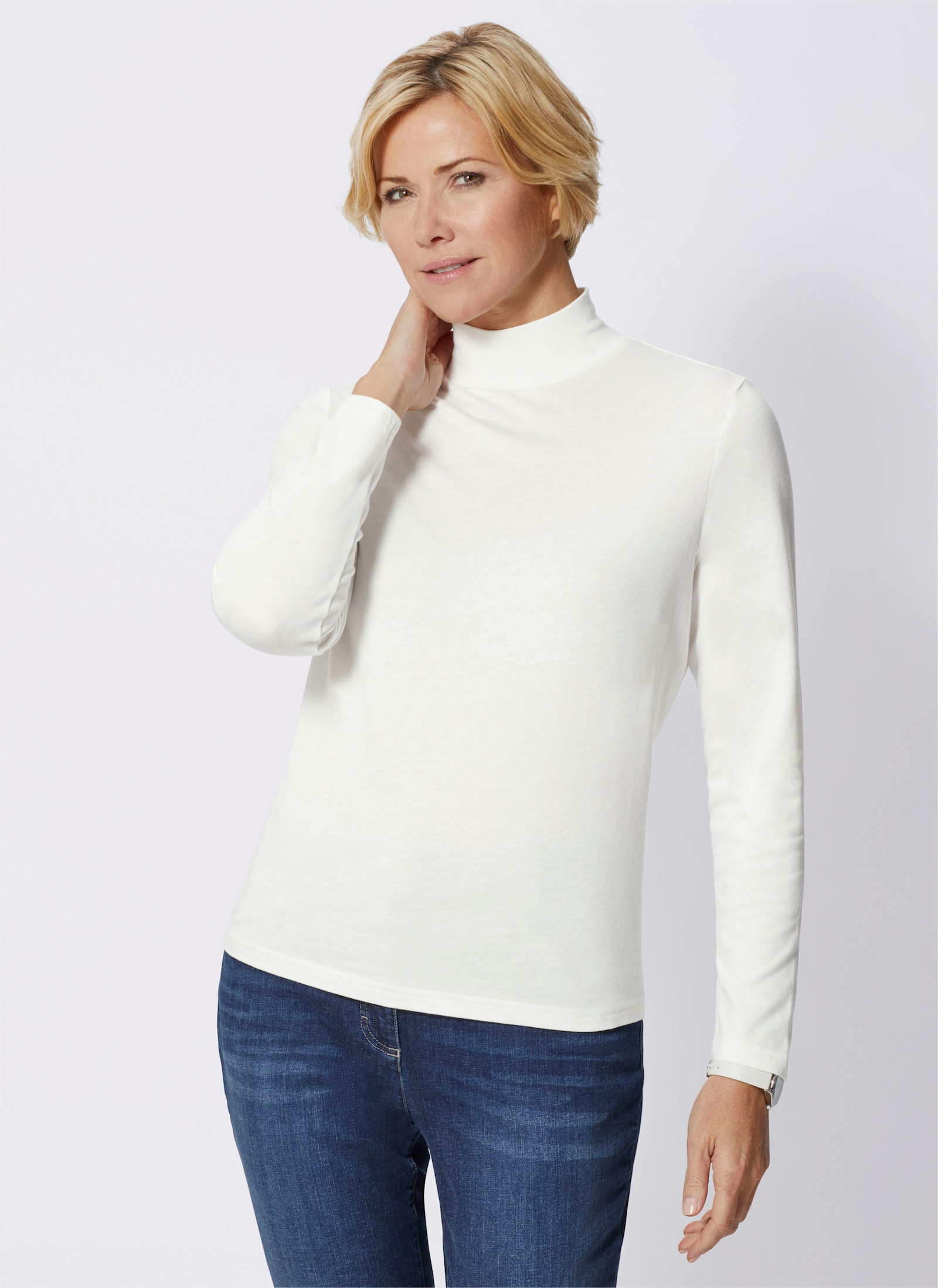 Shirt met opstaande kraag in mix van katoen en modal - wolwit