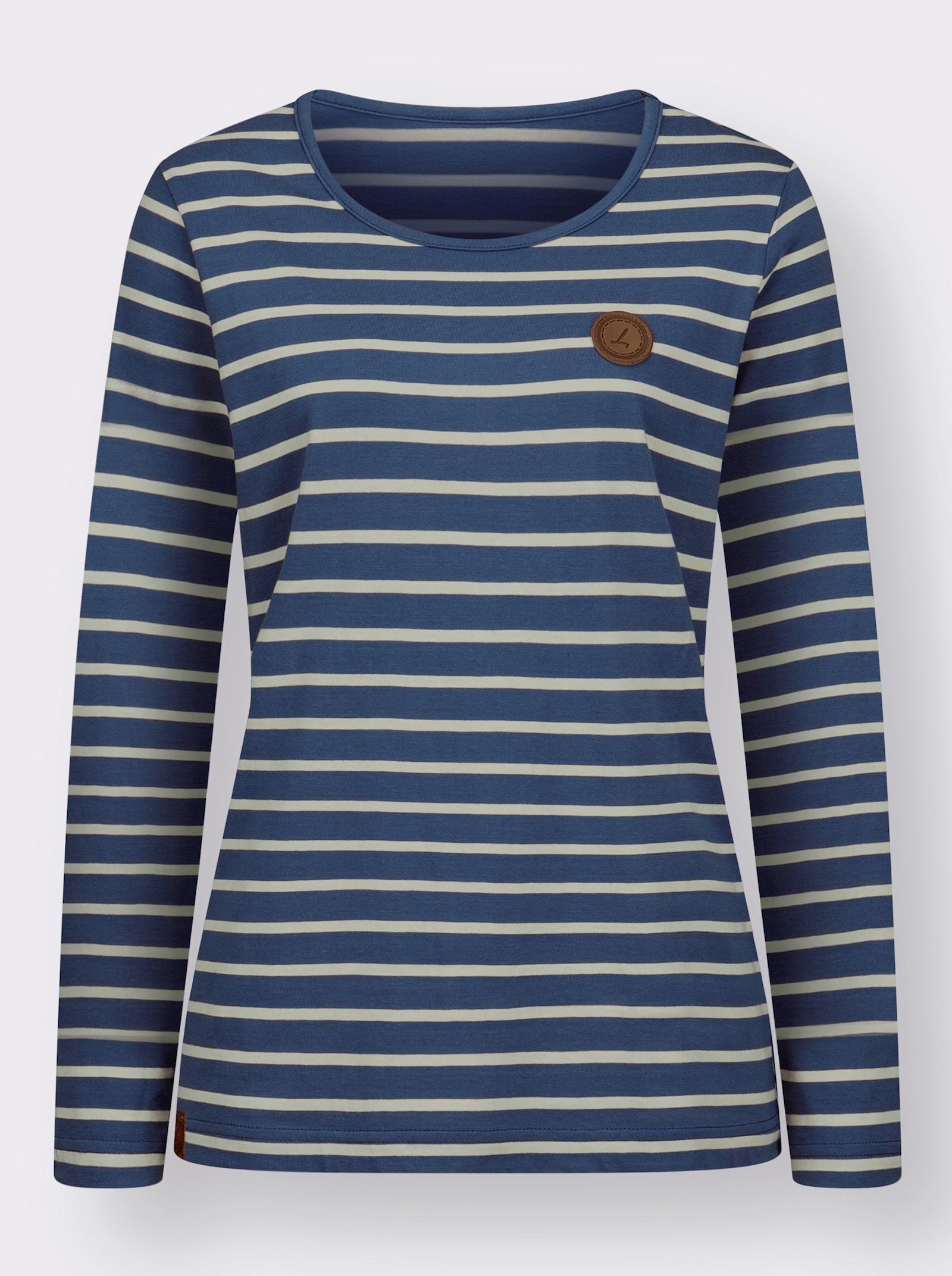 Proužkované tričko se záplatami z imitace kůže - džínová modrá-ecru-proužek