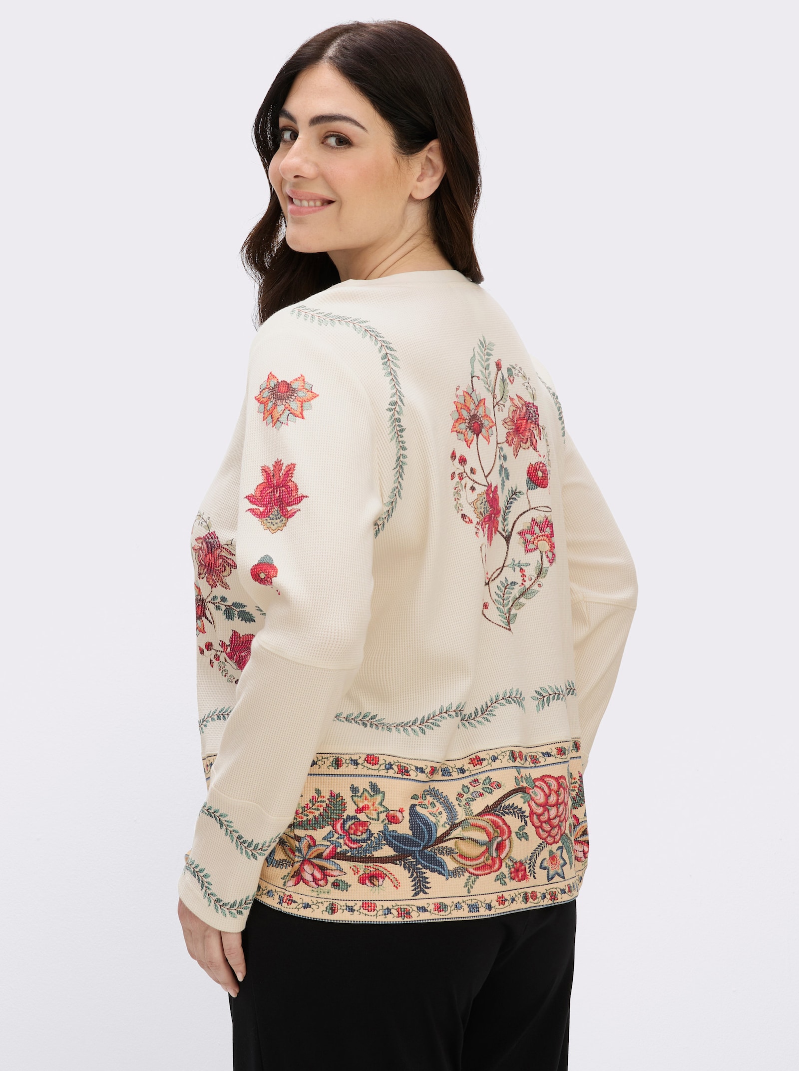 sheego by Joe Browns Langarmshirt mit Blumendruck und Holzknöpfen - champagner-rostrot-bedruckt
