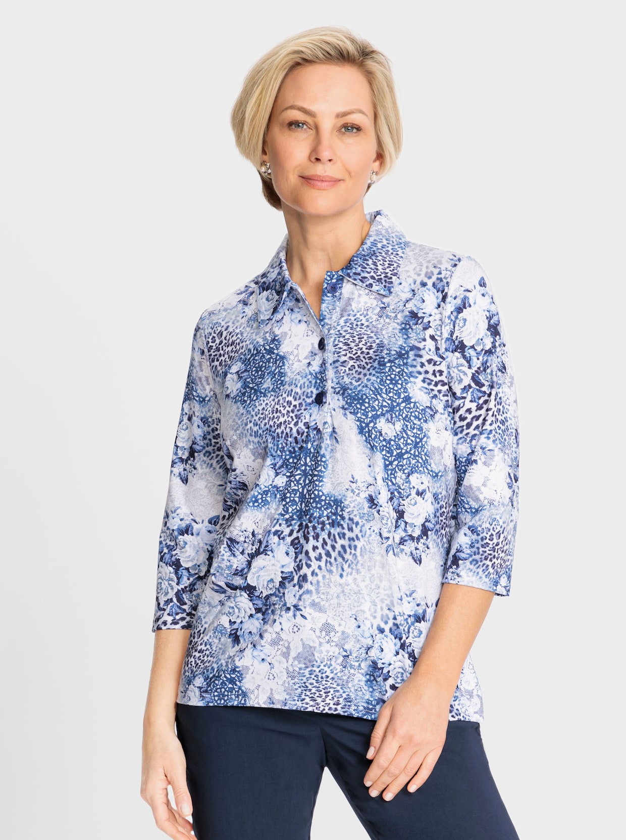 Shirt - jeansblau-ecru-gemustert